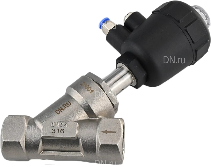 Изображение товара Клапан отсечной пневматический DN.ru VSP3241P-T-1PNC Ду25 Ру25, корпус - нержавеющая сталь SS316, резьбовой, Y-образный, корпус привода - пластик