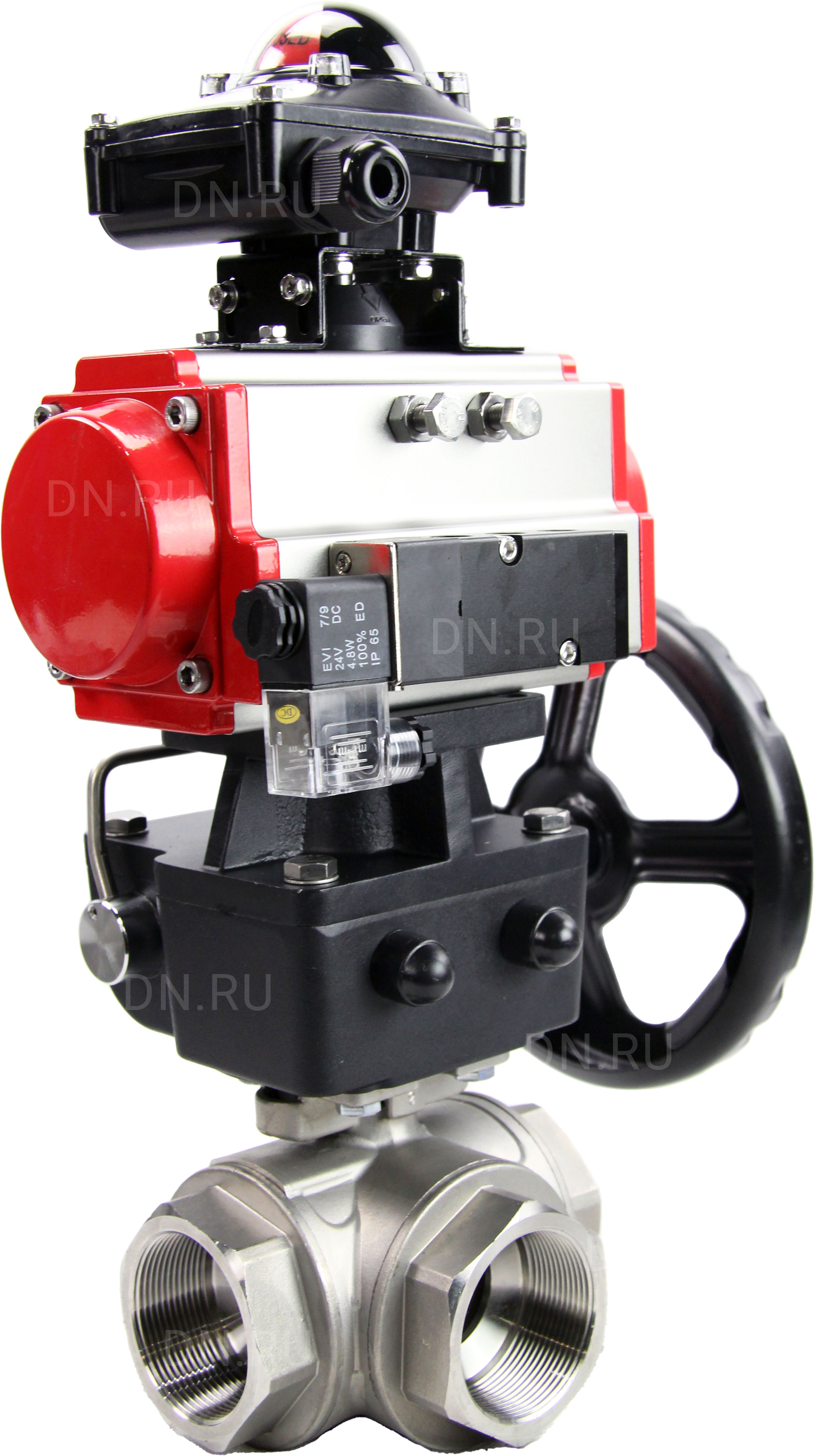Кран шаровой DN.ru BV3232P(4pc)-SP-3WL-T-ISO-H Ду20 Ру63 стандартнопроходной трехходовой L-тип, нерж. сталь SS316, внутренняя резьба, PTFE, пн.приводом PA-DA-065, пн.распределителем 4M310-08 220В, БКВ APL-210N и ручным дублером MON1-250-T26-ISO