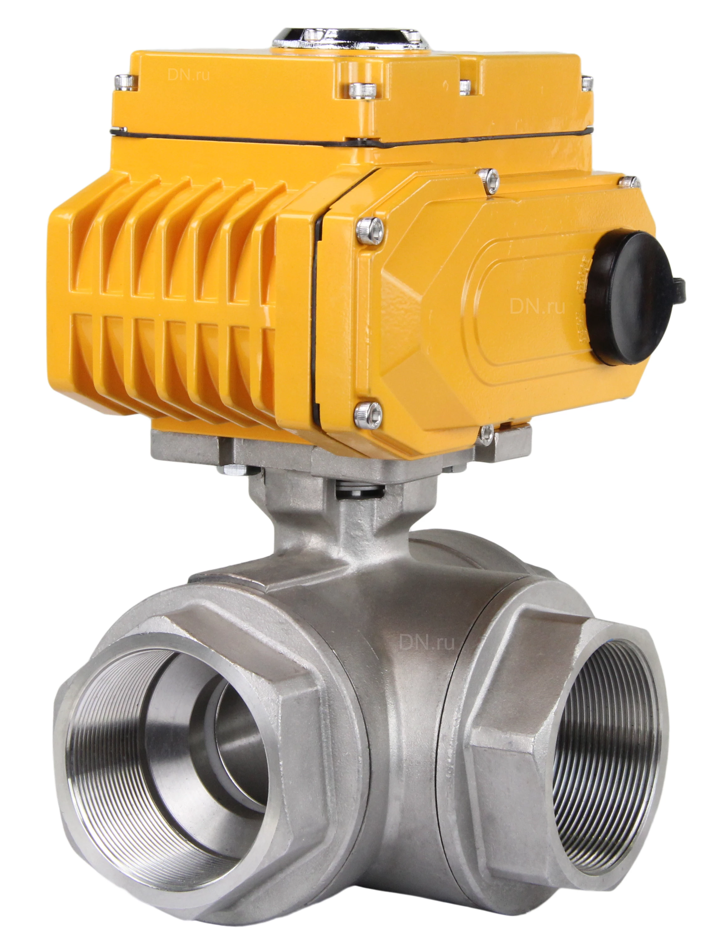 Изображение товара Кран шаровой ABRA BV-15 T-порт 2 1/2″ Ду65 Ру40 стандартнопроходной, трехходовой, нержавеющая сталь CF8M, уплотнение - PTFE, внутренняя резьба, с 3/4 оборотным электроприводом DN.ru ST-010 220В