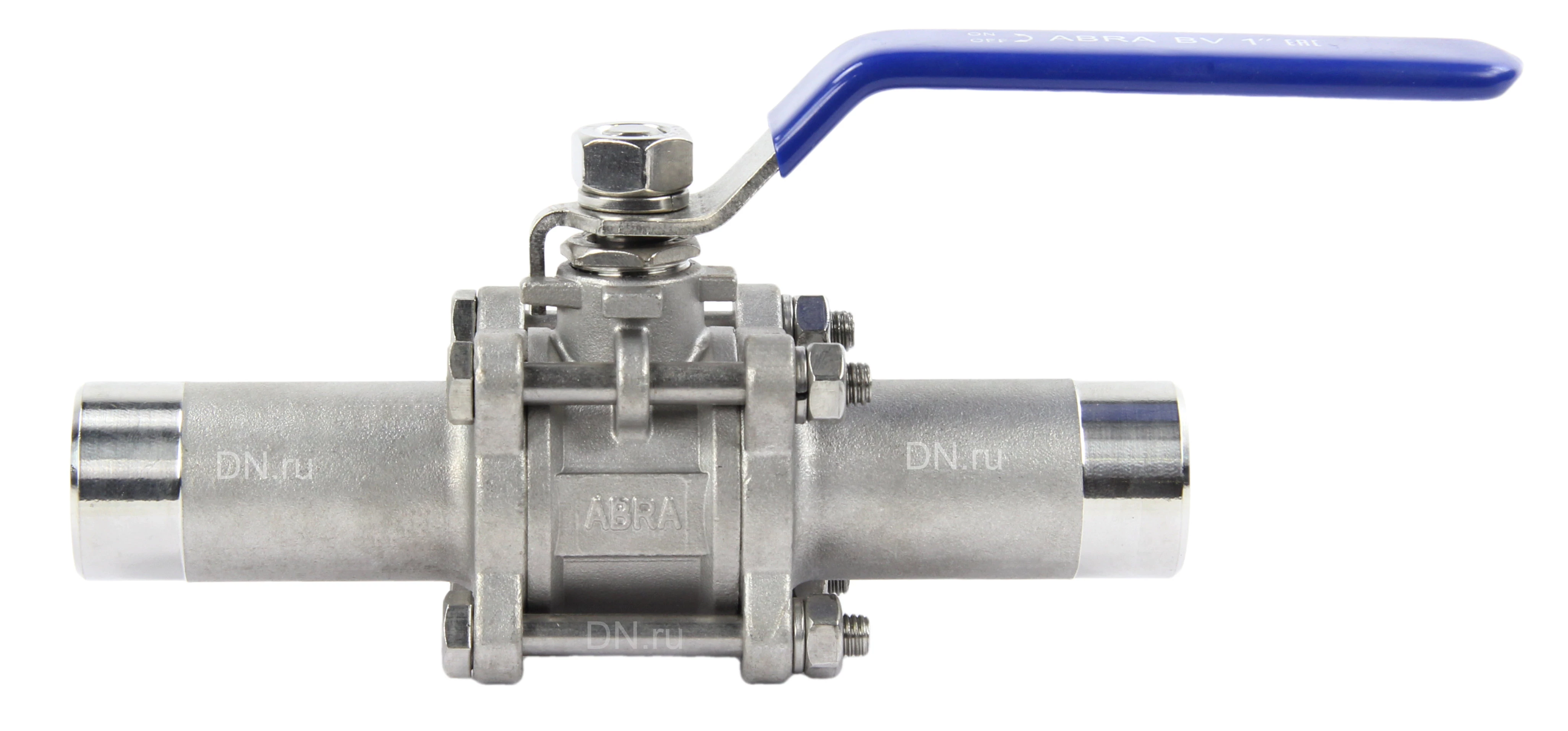 Изображение товара Кран шаровой ABRA BV-61L-025 Ду25 Ру40 полнопроходной, двухходовой, нержавеющая сталь SS316, уплотнение - PTFE, под приварку, ручка-рычаг, с длинными патрубками