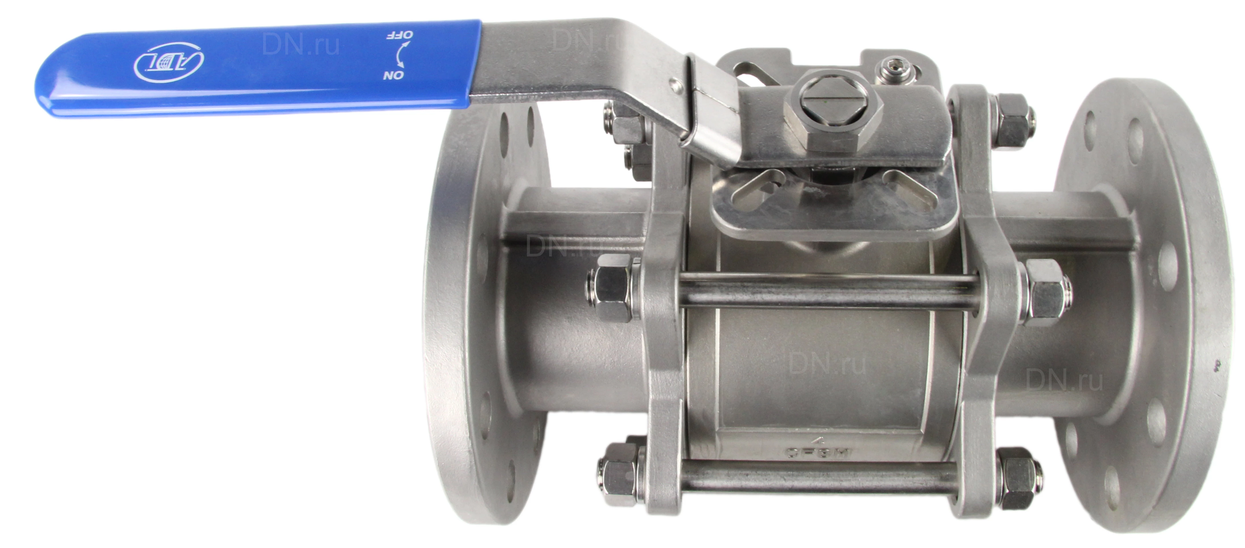 Изображение товара Кран шаровой АДЛ BV 17F Ду40 Ру40 полнопроходной, двухходовой, нержавеющая сталь CF8M, уплотнение - PTFE, фланцевый, ручка-рычаг
