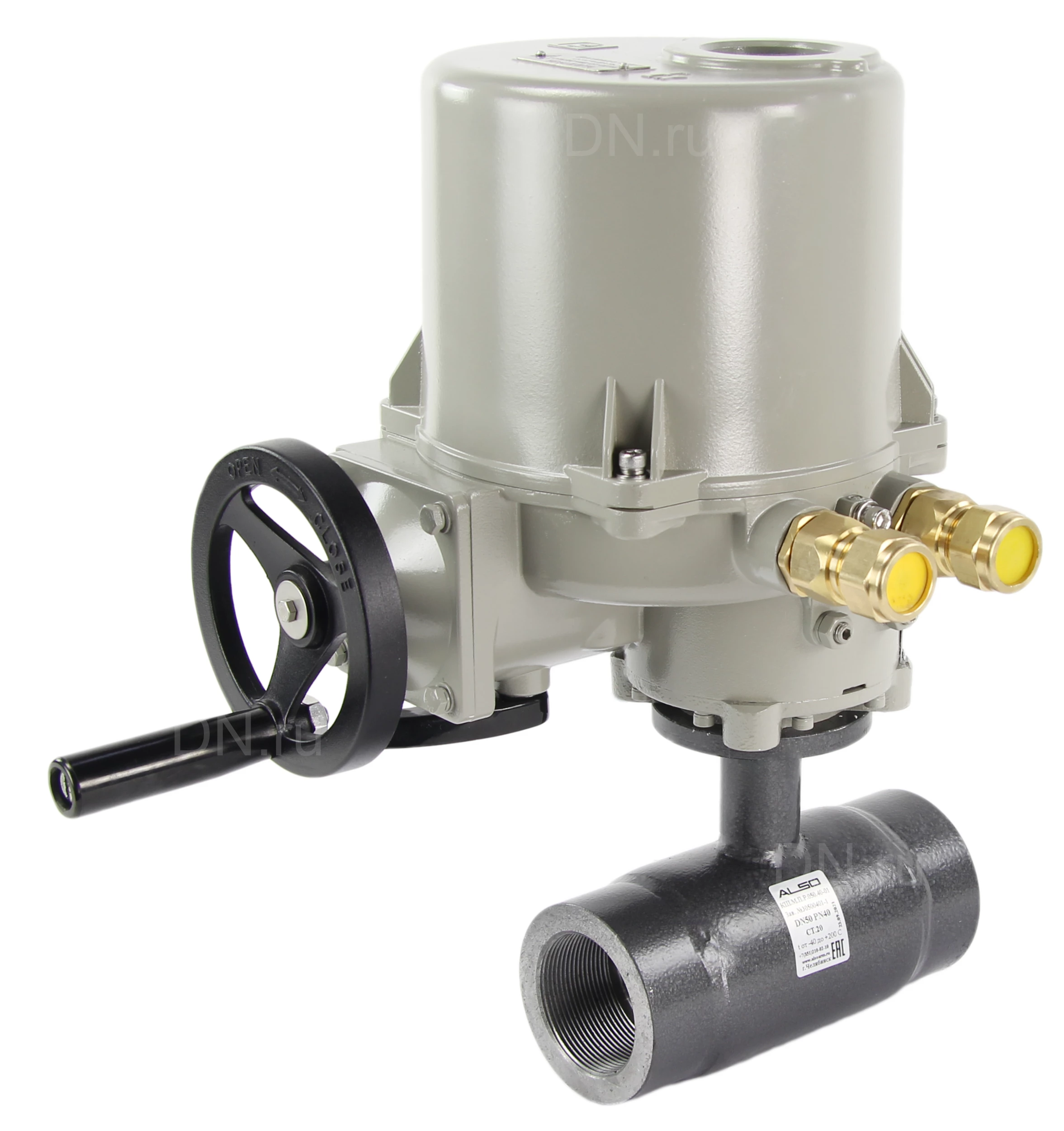 Изображение товара Кран шаровой ALSO КШ.М.П.Р.020.40-01 3/4″ Ду20 Ру40 полнопроходной, внутренняя резьба, корпус - сталь 20, уплотнение - PTFE, управление - взрывозащищенный электропривод ГЗ-ОФВ-25/5,5К 380В