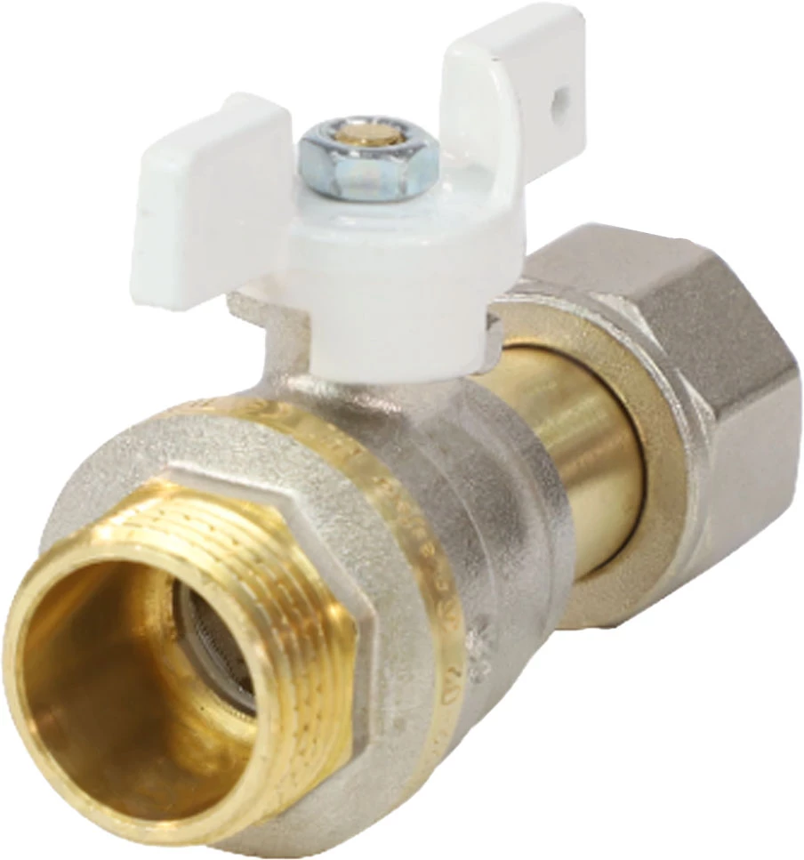 Изображение товара Кран шаровой Aquasfera 3/4″ Ду20 Ру30 Standard полнопроходной, двухходовой, латунь CW617N, никелированный, уплотнение - PTFE, наружная резьба / накидная гайка, ручка-бабочка