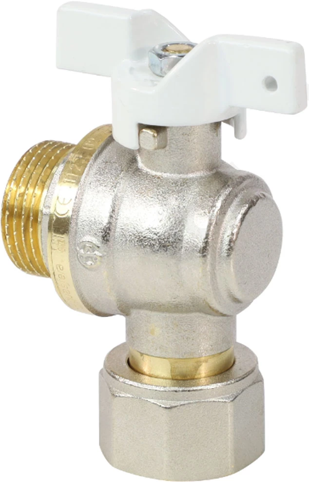 Изображение товара Кран шаровой Aquasfera 1/2″ Ду15 Ру40 угловой Standard полнопроходной, двухходовой, латунь CW617N, никелированный, уплотнение - PTFE, наружная резьба / накидная гайка, ручка-бабочка
