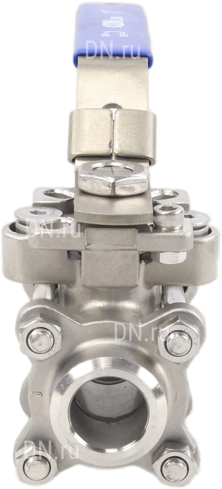 Изображение товара Кран шаровой DN.ru BV3232P(3pc)-FP-W-ISO-H Ду32 Ру63 полнопроходной двухходовой, нержавеющая сталь SS316, под приварку, уплотнение - PTFE, с ISO фланцем и рукояткой