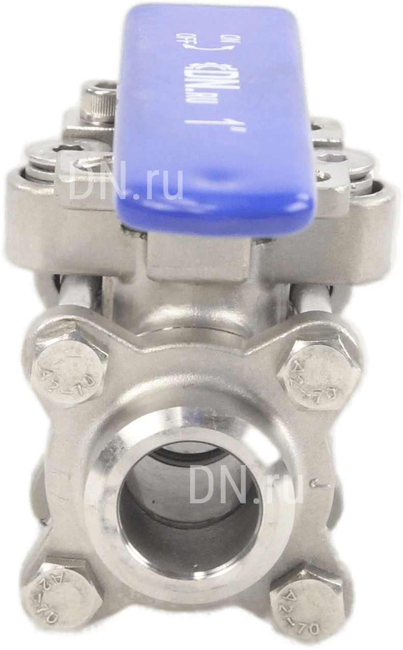Изображение товара Кран шаровой DN.ru BV3232P(3pc)-FP-W-ISO-H Ду15 Ру63 полнопроходной двухходовой, нержавеющая сталь SS316, под приварку, уплотнение - PTFE, с ISO фланцем и рукояткой