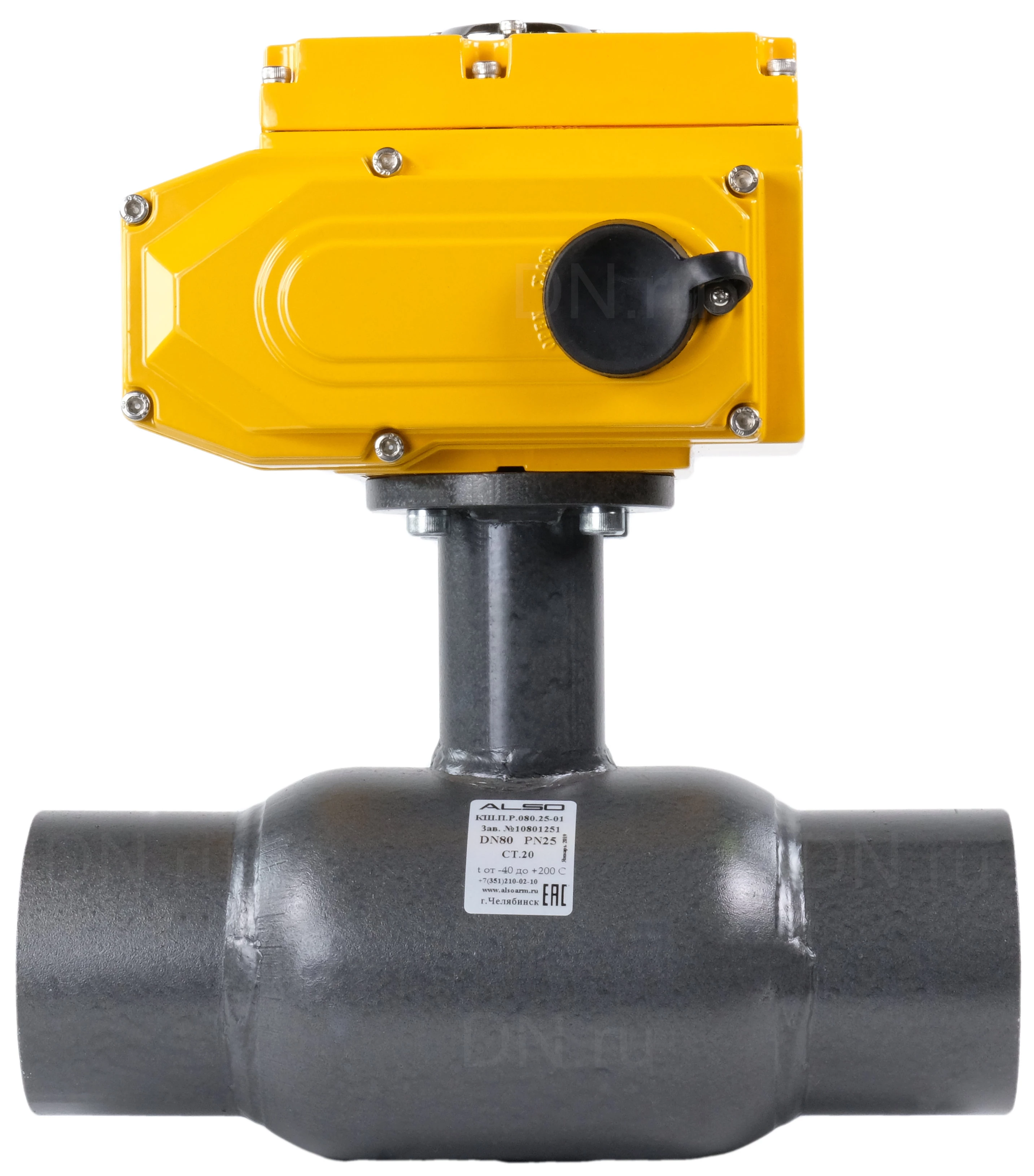 Изображение товара Кран шаровой ALSO КШ.П.Р.065.25-01 Ду65 Ру25 стандартнопроходной, двухходовой, углеродистая сталь 20, уплотнение - PTFE, под приварку, с электроприводом DN.ru QT-005 220В