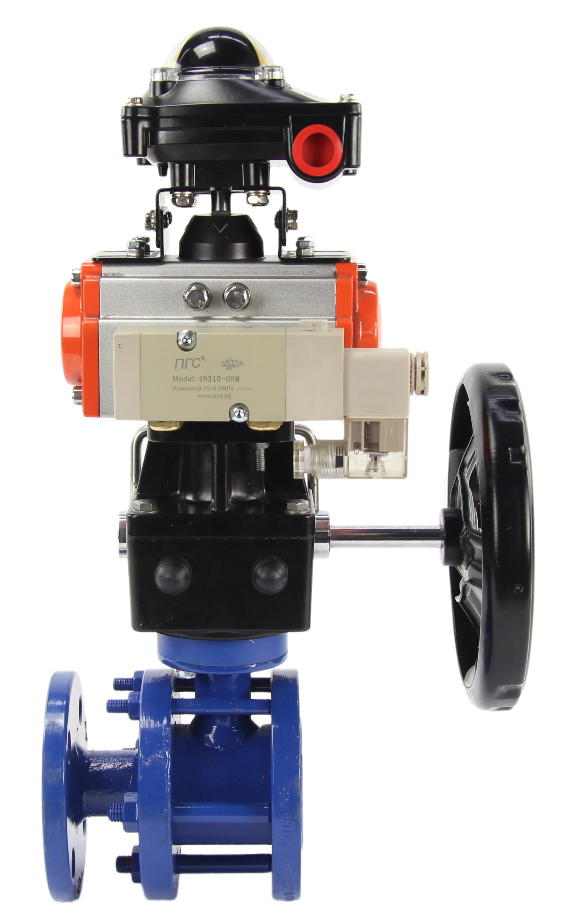 Изображение товара Кран шаровой Маршал 11с67п СФ.00.0 Ду125 Ру16 полнопроходной, двухходовой, сталь 20, уплотнение - фторопласт, фланцевый с пневмоприводом DN.ru DA-140, ручным дублером HDM-4, пневмораспределителем 4М310-08 220В NAMUR и БКВ APL-210N