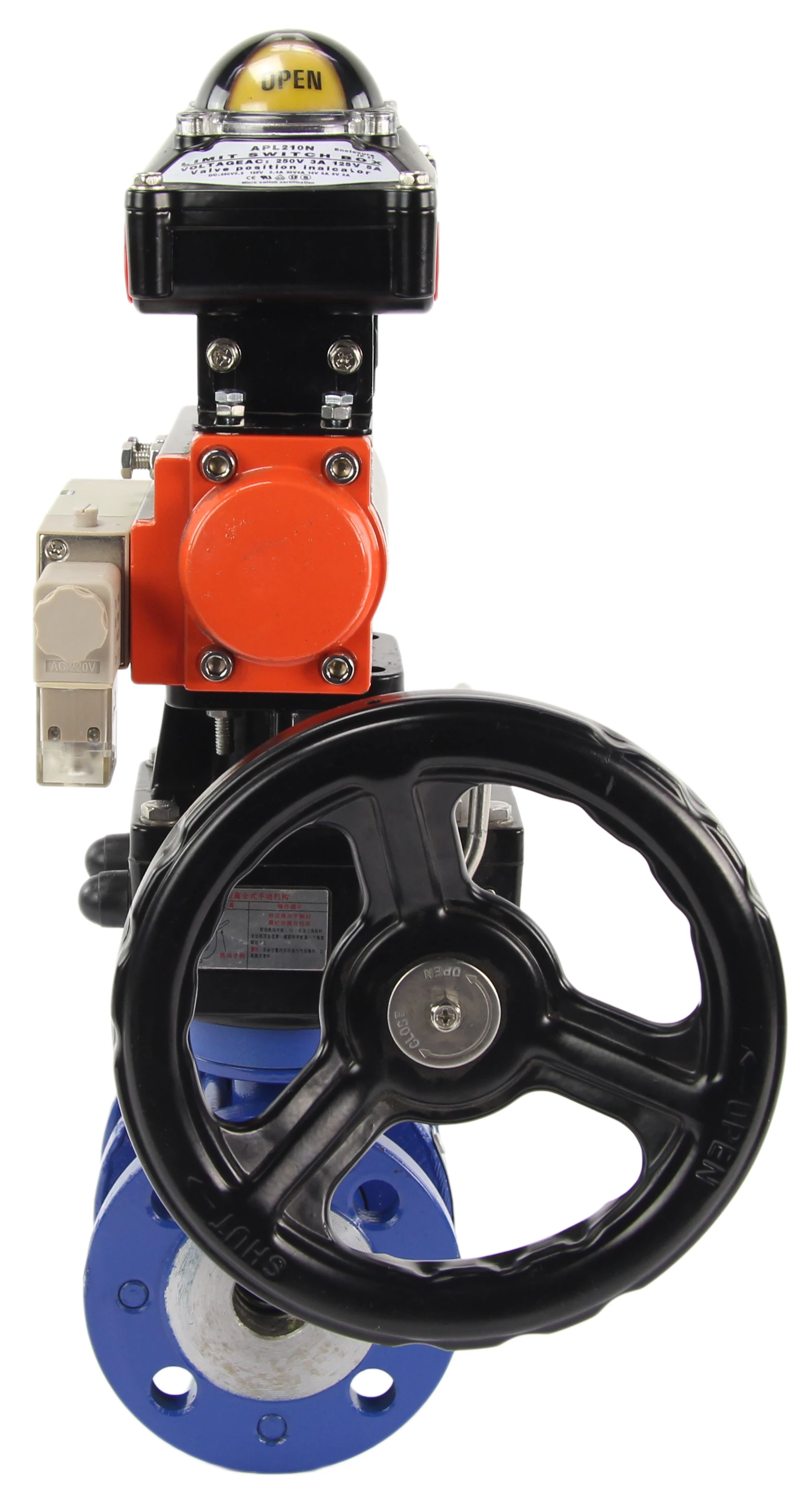 Изображение товара Кран шаровой Маршал 11с67п СФ.00.0 Ду100 Ру16 полнопроходной, двухходовой, сталь 20, уплотнение - фторопласт, фланцевый с пневмоприводом DN.ru DA-130, ручным дублером HDM-3, пневмораспределителем 4М310-08 24В NAMUR и БКВ APL-210N