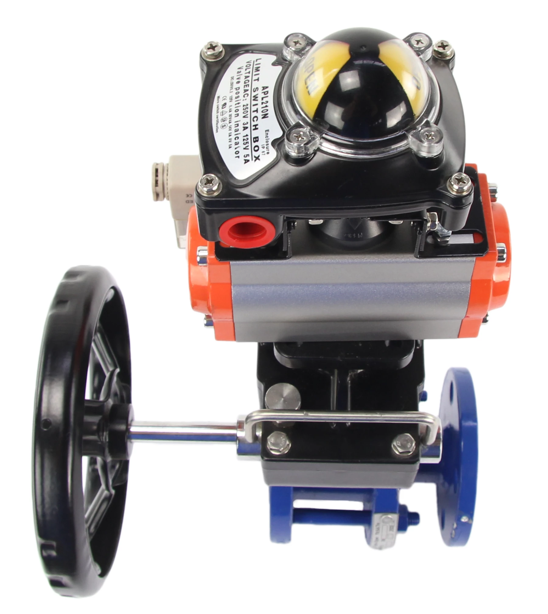 Изображение товара Кран шаровой Маршал 11с67п СФ.00.0 Ду100 Ру25 полнопроходной, двухходовой, сталь 20, уплотнение - фторопласт, фланцевый с пневмоприводом DN.ru DA-130, ручным дублером HDM-3, пневмораспределителем 4М310-08 24В NAMUR и БКВ APL-210N