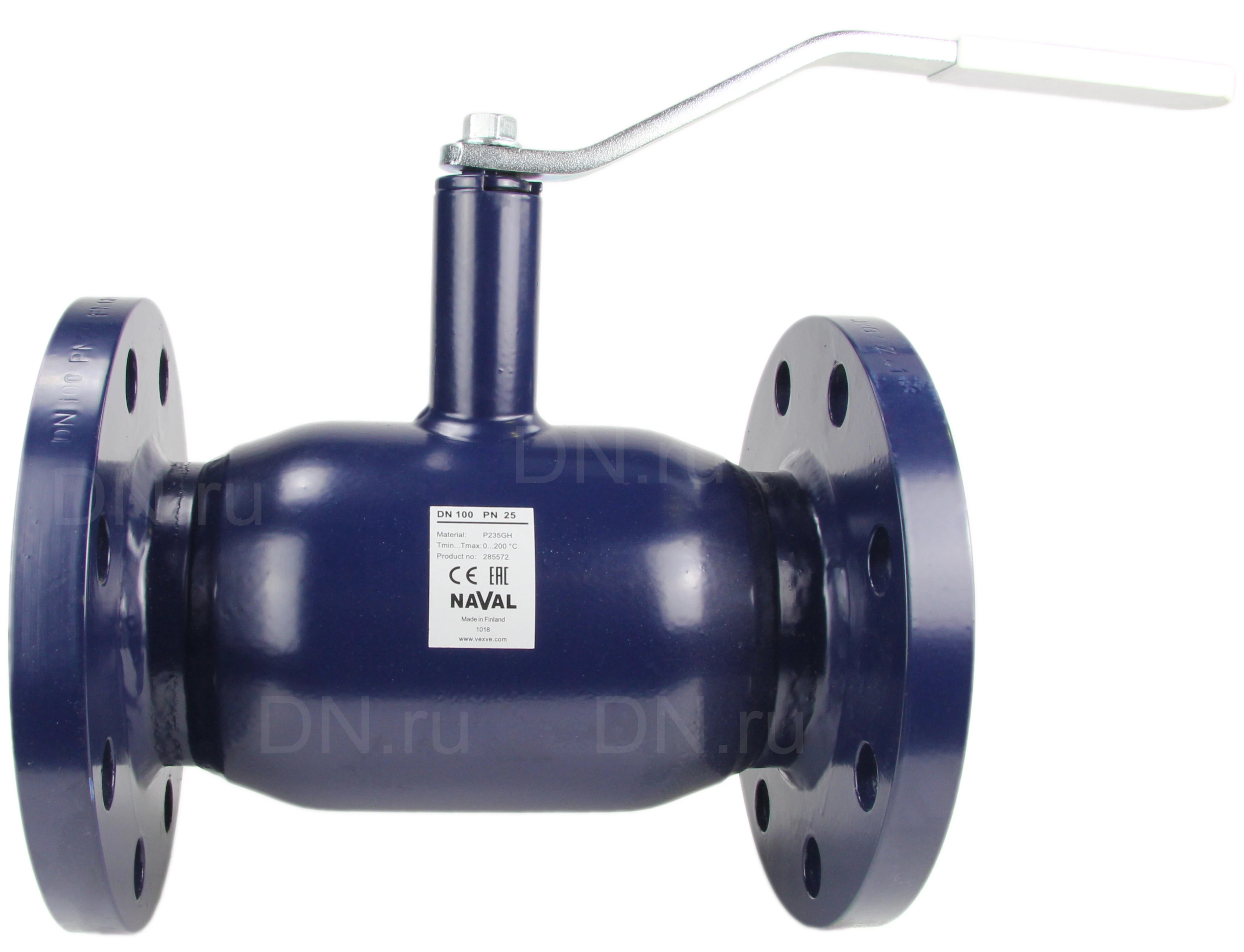 Изображение товара Кран шаровой Naval 235570 Ду65 Ру25 полнопроходной, двухходовой, углеродистая сталь P235GH, уплотнение - PTFE, фланцевый, ручка-рычаг