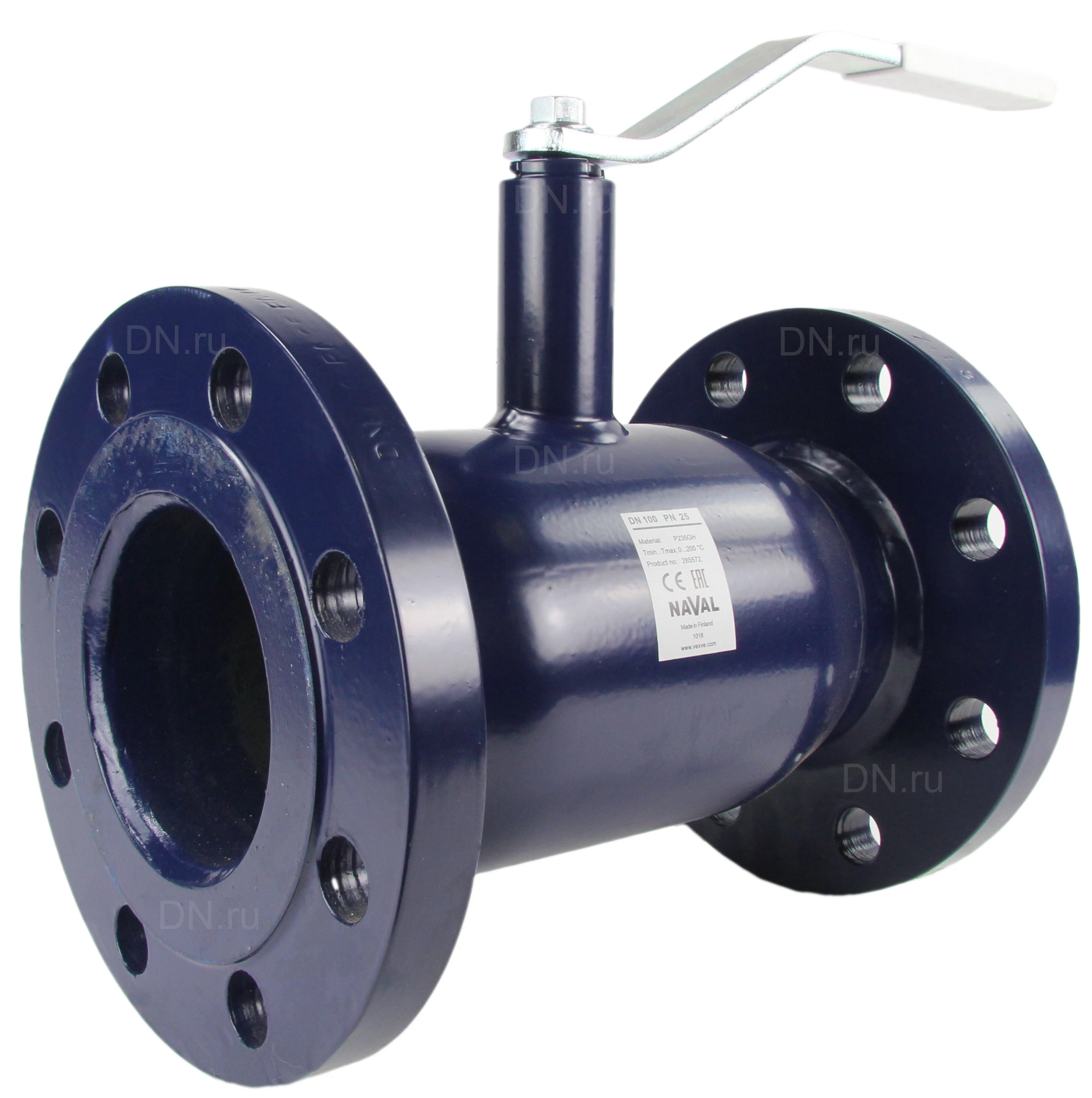 Изображение товара Кран шаровой Naval 235571 Ду80 Ру25 полнопроходной, двухходовой, углеродистая сталь P235GH, уплотнение - PTFE, фланцевый, ручка-рычаг
