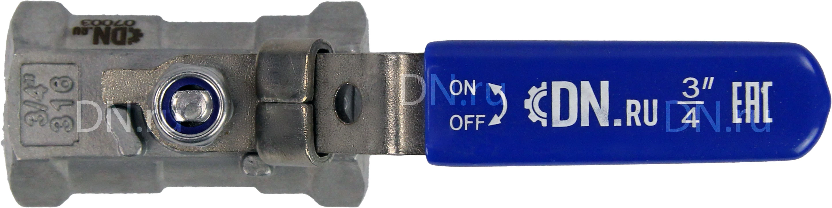 Изображение товара Кран шаровой DN.ru BV3232P-SP-T-H Ду20 Ру63 стандартнопроходной двухходовой, нержавеющая сталь SS316, внутренняя резьба, уплотнение - PTFE, ручка-рычаг