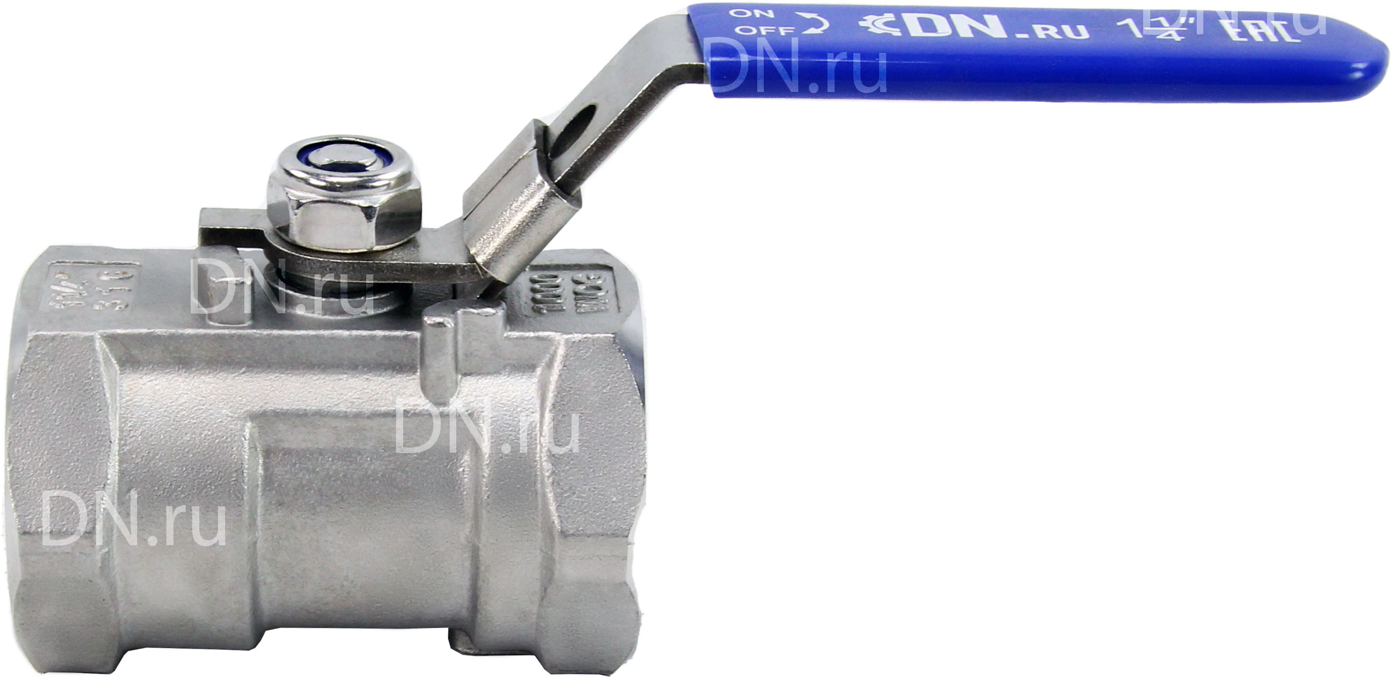 Изображение товара Кран шаровой DN.ru BV3232P-SP-T-H Ду32 Ру63 стандартнопроходной двухходовой, нержавеющая сталь SS316, внутренняя резьба, уплотнение - PTFE, ручка-рычаг