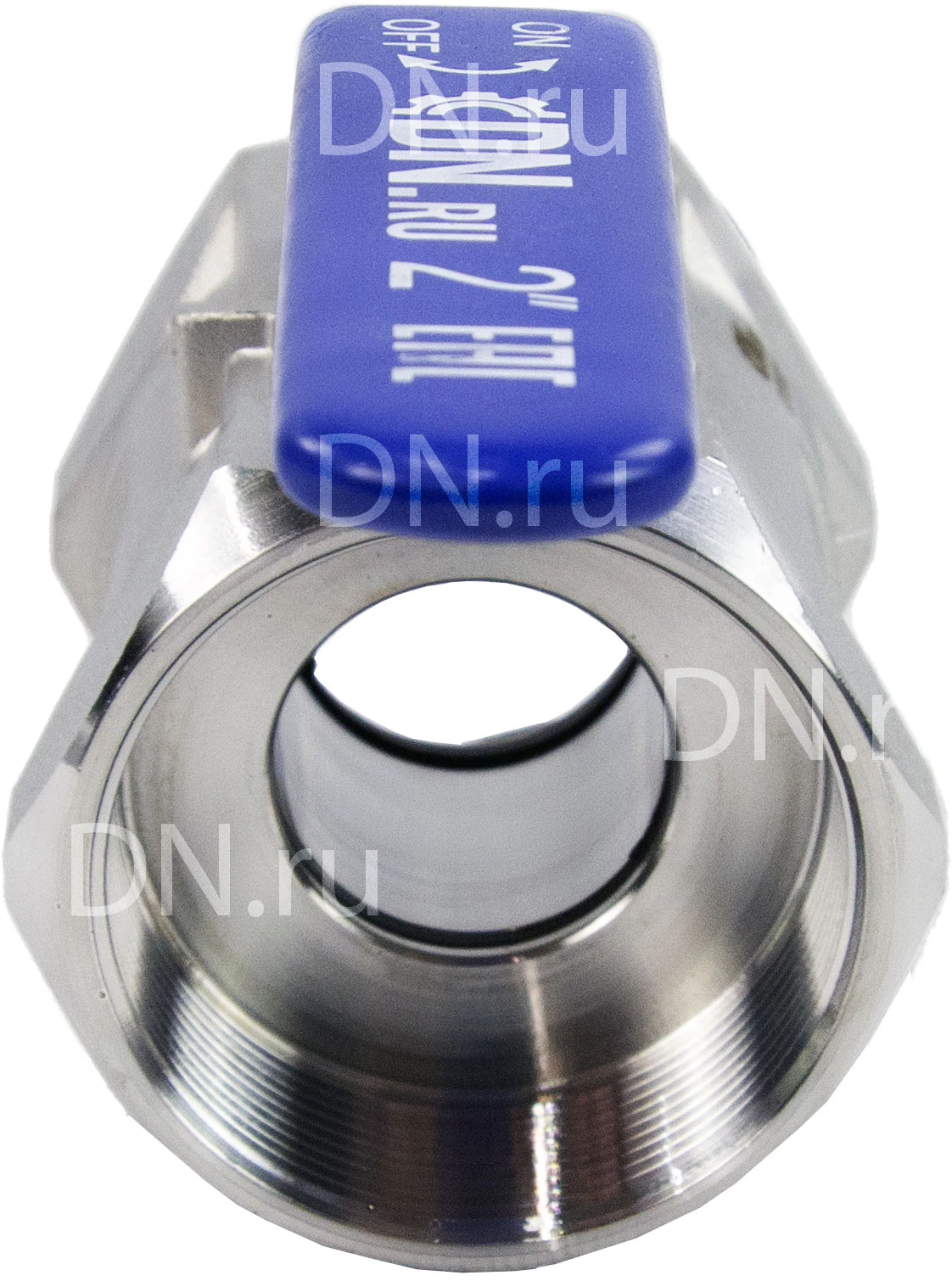 Изображение товара Кран шаровой DN.ru BV3232P-SP-T-H Ду65 Ру63 стандартнопроходной двухходовой, нержавеющая сталь SS316, внутренняя резьба, уплотнение - PTFE, ручка-рычаг