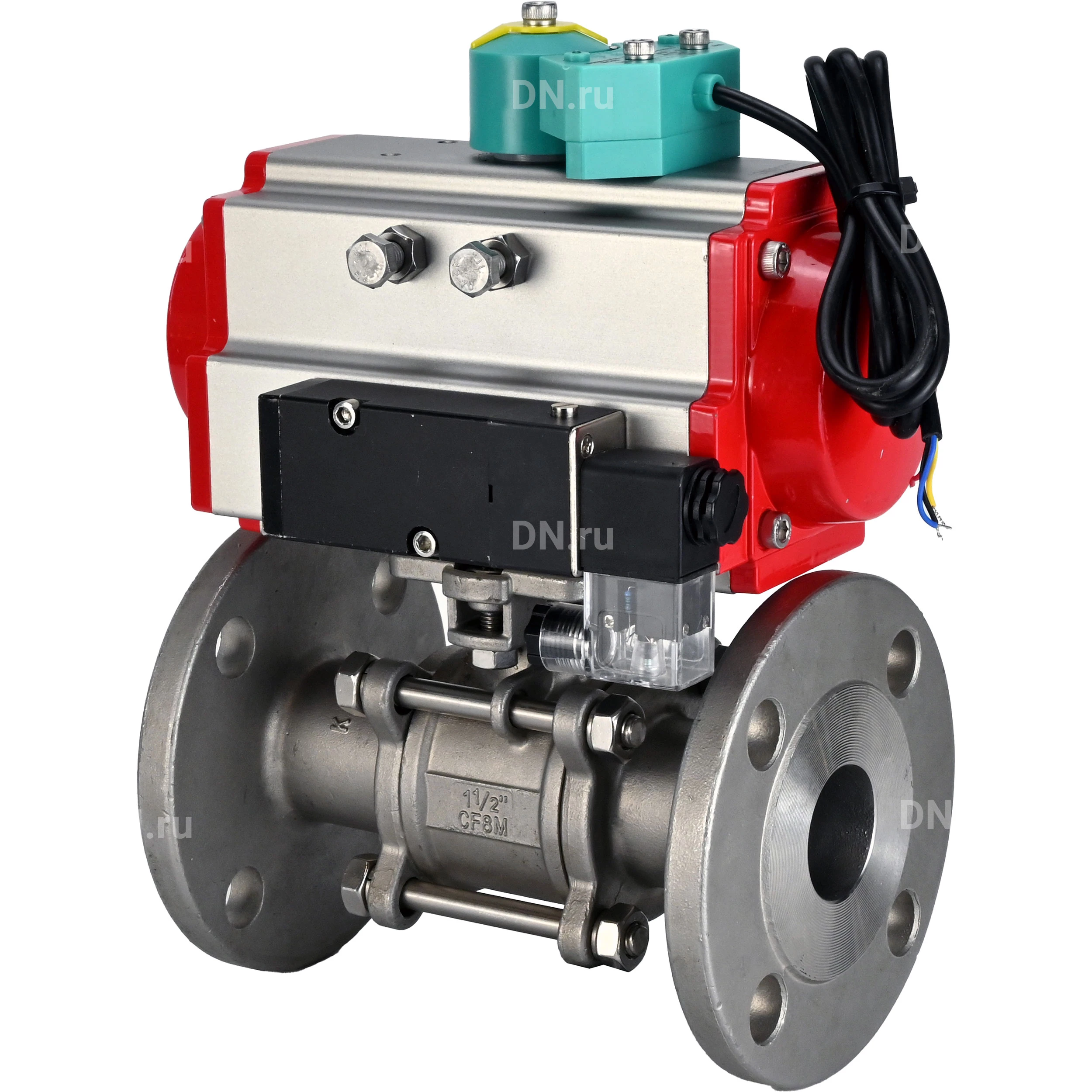 Изображение товара Кран шаровой DN.ru BV3232P(3pc)-FP-F-ISO-H Ду15 Ру40 полнопроходной трехсоставной, фланцевый, нержавеющая сталь 316, уплотнение - PTFE, с пневмоприводом PA-SA-052, пневмораспределителем 4М310-08 24В NAMUR и магнитным переключателем ALS200D
