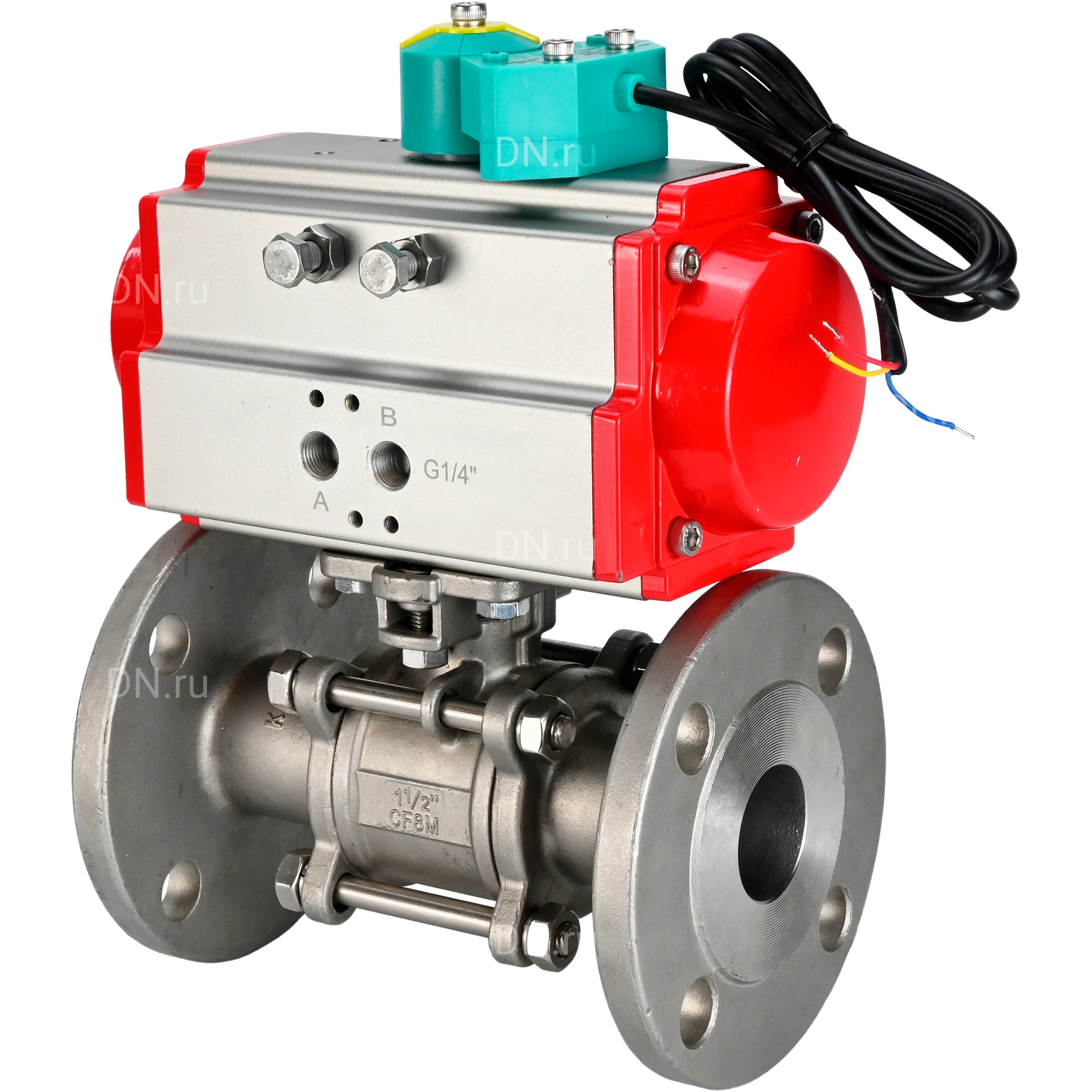 Изображение товара Кран шаровой DN.ru BV3232P(3pc)-FP-F-ISO-H Ду15 Ру40 полнопроходной трехсоставной, фланцевый, нержавеющая сталь 316, уплотнение - PTFE, с пневмоприводом PA-SA-052 и магнитным переключателем ALS200D