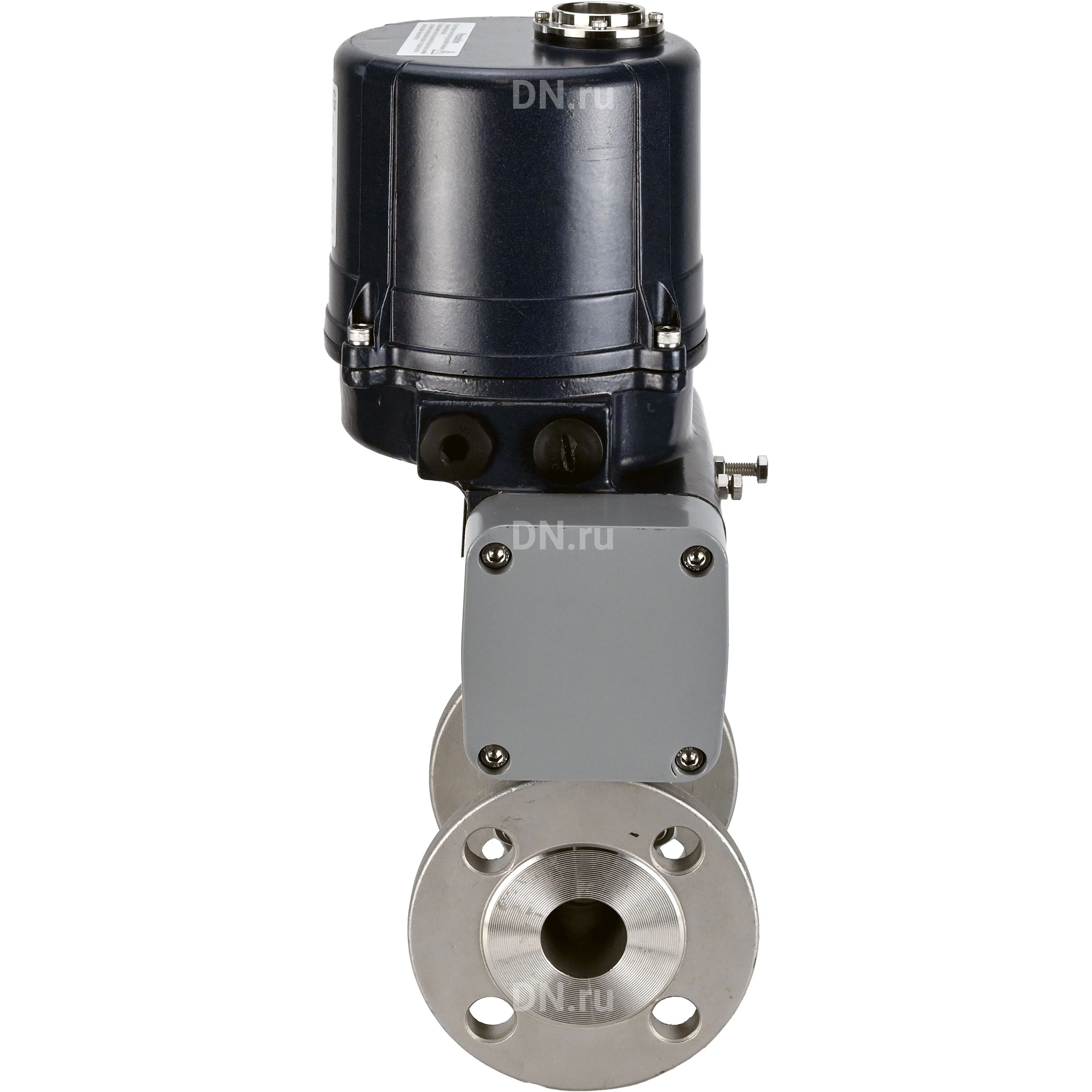 Изображение товара Кран шаровой DN.ru BV3131P(3pc)-FP-F-ISO-H Ду100 Ру16 полнопроходной трехсоставной, фланцевый, нержавеющая сталь 304, уплотнение - PTFE, 22х22, F10, WDVF, с электроприводом четвертьоборотным DN.ru QTSA-N-014EM-O0-220VAC с пружинным возвратом