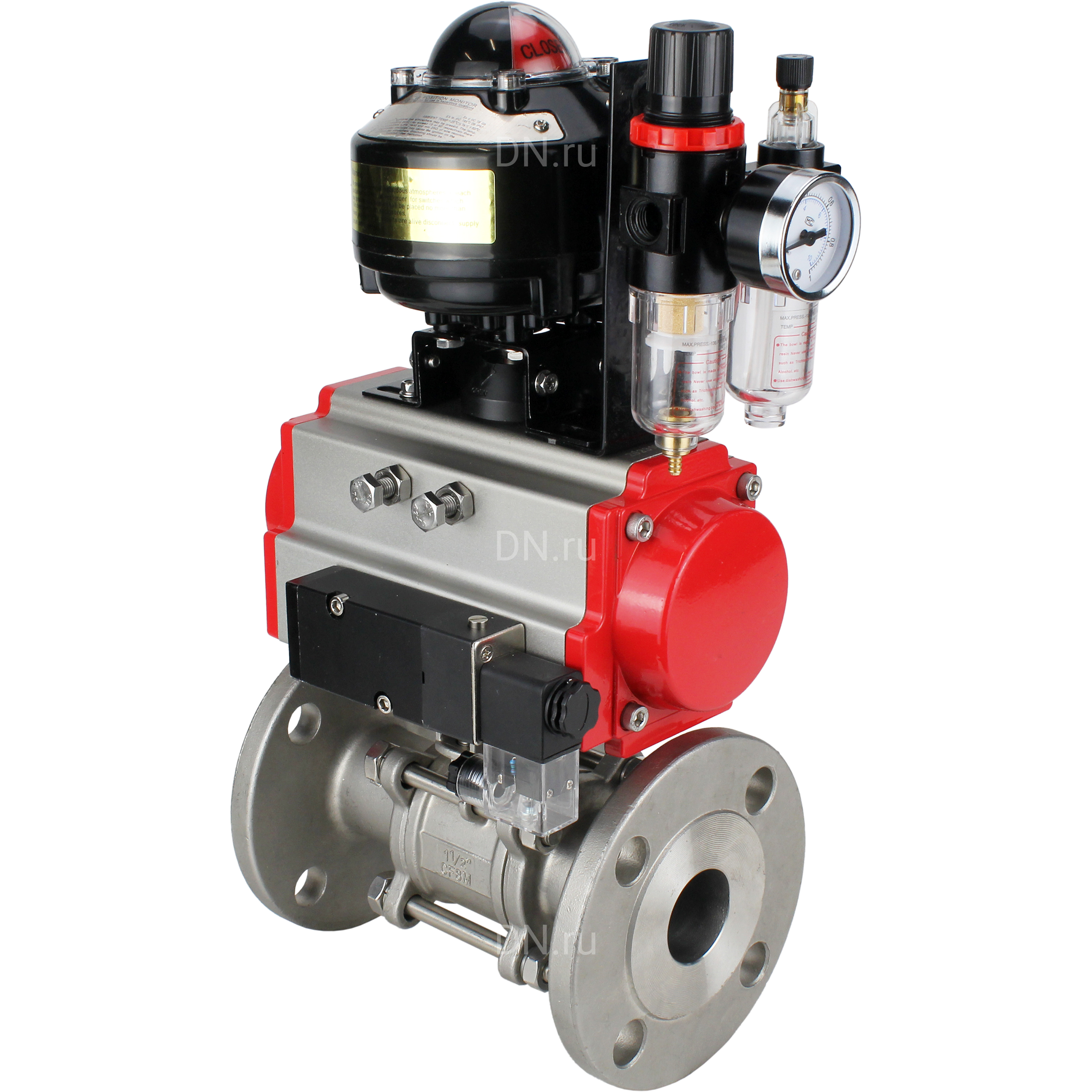 Кран шаровой DN.ru BV3131P(3pc)-FP-F-ISO-H Ду100 Ру16 полнопроходной трехсоставной, фланцевый, нержавеющая сталь 304, уплотнение - PTFE, 22х22, F10, WDVF, с пневмоприводом DN.ru PA-SA-140, пневмораспределителем 4M310-08 220В, БКВ APL-510N EX и БПВ AFC2000