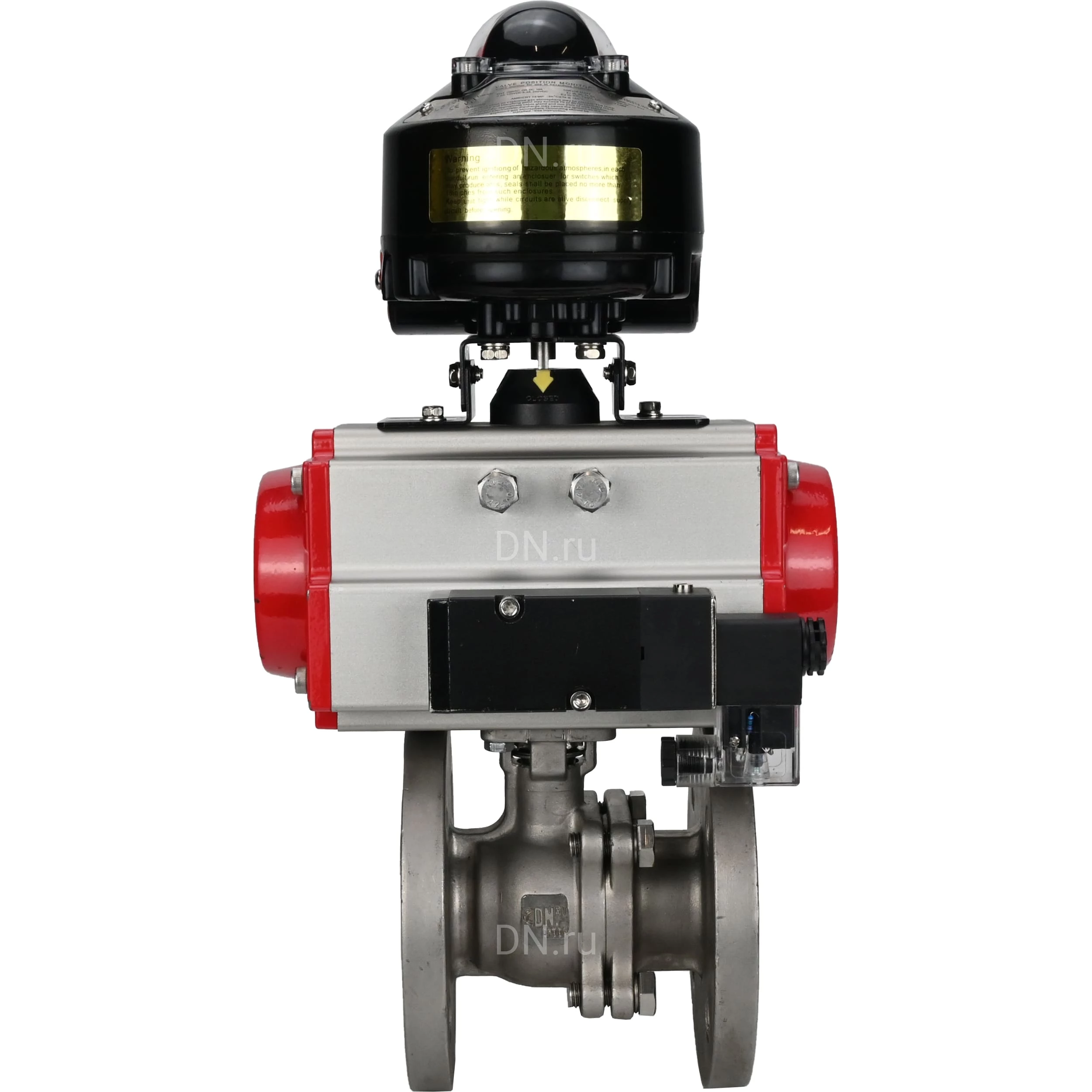 Изображение товара Кран шаровой DN.ru BV3232P(2pc)-FP-F-ISO-H Ду150 Ру16, 27х27, фланцевый, полнопроходной, двухсоставной, корпус - нержавеющая сталь SS316, уплотнение - PTFE, с пн.приводом DN.ru PA-SA-210 пн.распределителем 4М310-08 220В NAMUR БКВ APL-510N-EX