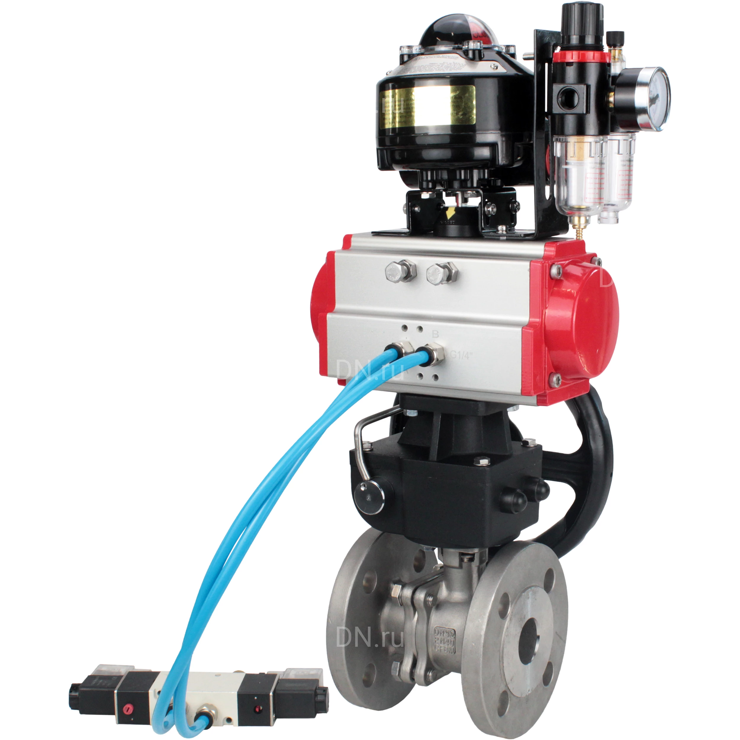 Изображение товара Кран шаровой DN.ru BV3232P(2pc)-FP-F-ISO-H Ду250 Ру16 фланцевый, полнопроходной, 2-составной, корпус - нерж.сталь SS316, уплотнение PTFE, с пн.приводом PA-DA-210, пн.распределителем 4V320-08, редуктором MON4-1200-T54-ISO, БПВ AFC2000, БКВ APL-510N-EX