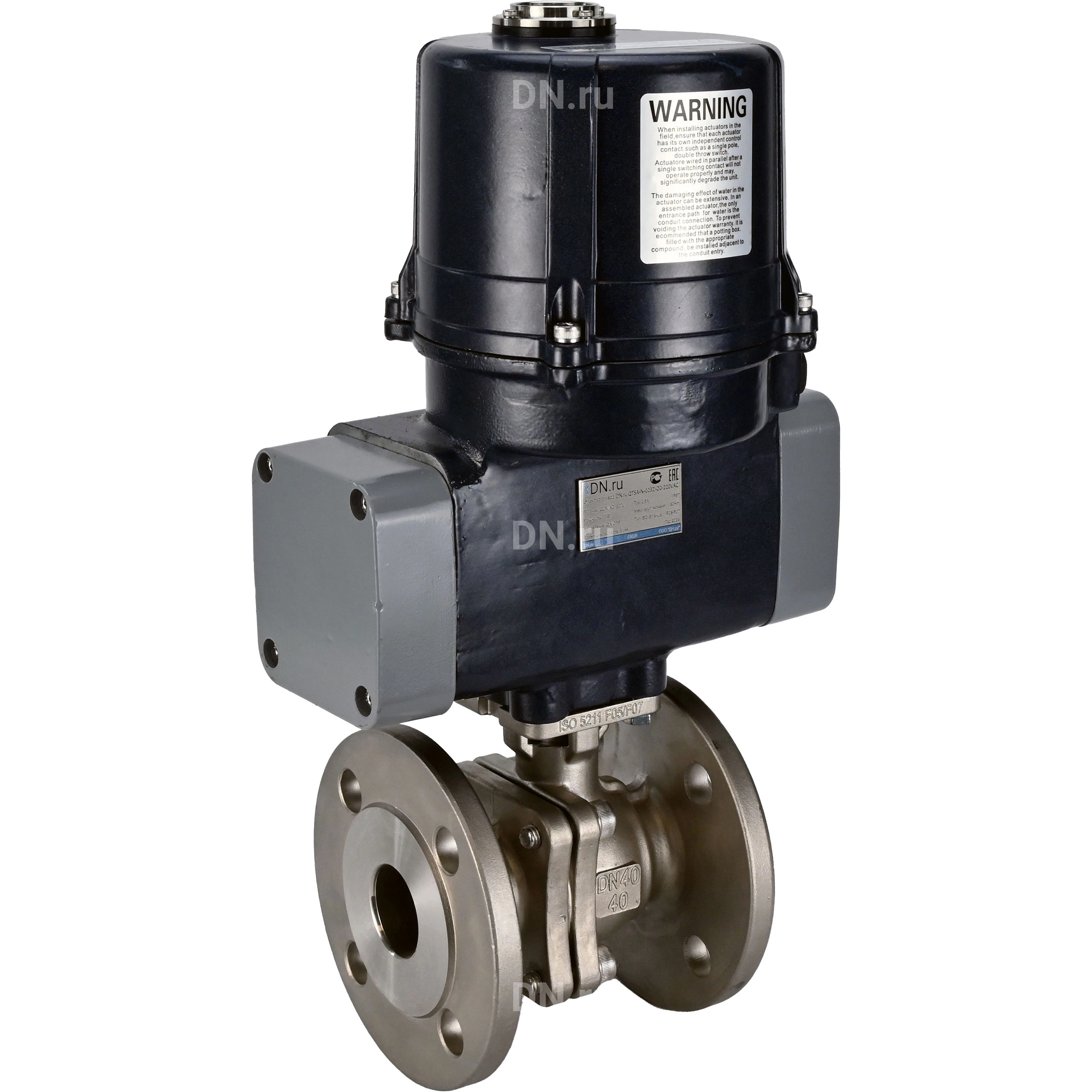Изображение товара Кран шаровой DN.ru BV3232P(2pc)-FP-F-ISO-H Ду80 Ру16 полнопроходной, фланцевый, корпус - нержавеющая сталь SS316, уплотнение - PTFE, с электроприводом четвертьоборотным DN.ru QTSA-N-014EM-O0-220VAC с пружинным возвратом