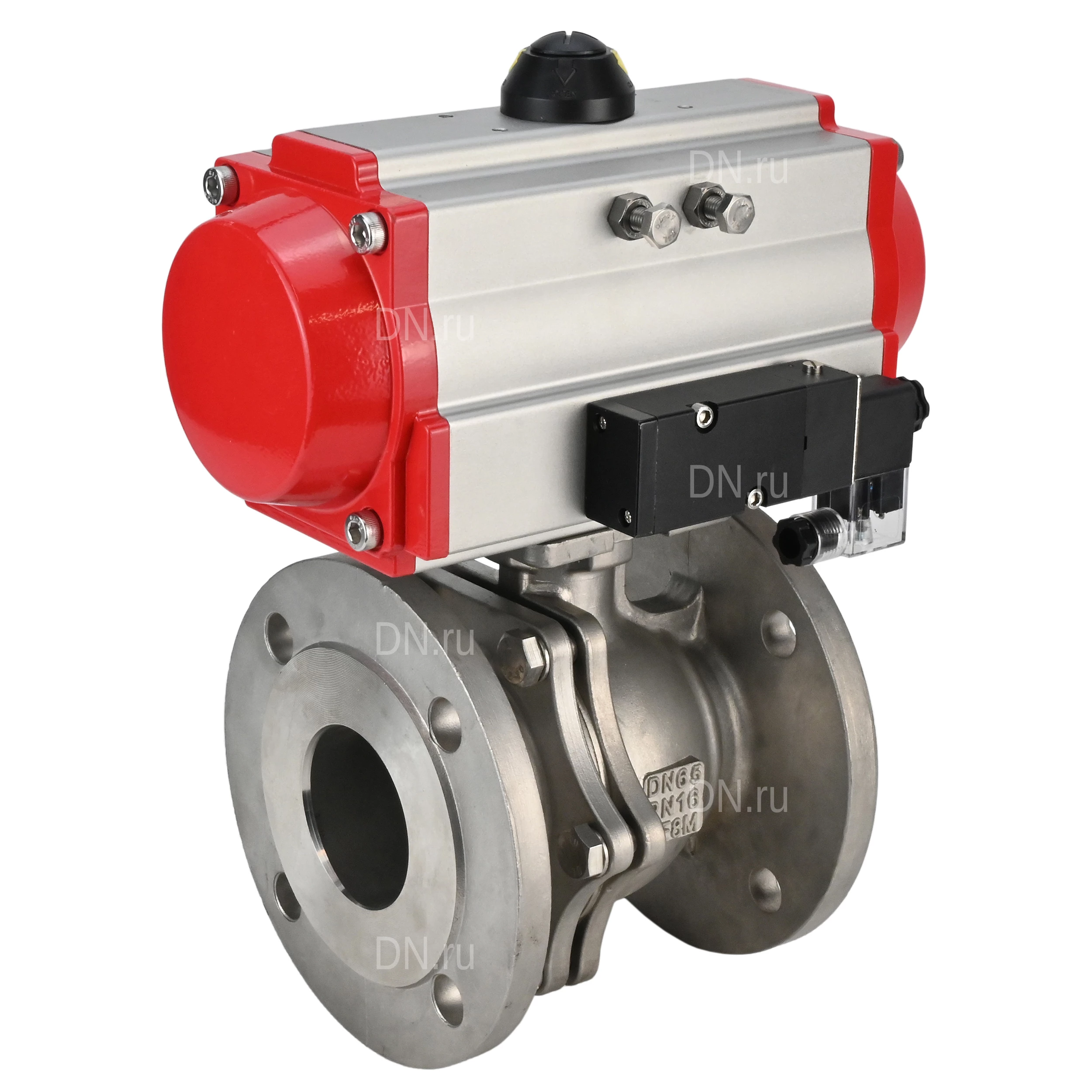 Изображение товара Кран шаровой DN.ru BV3232P(2pc)-FP-F-ISO-R Ду300 Ру16 полнопроходной двухходовой, нержавеющая сталь 316, фланцевый, уплотнение - PTFE, с пневмоприводом PA-DA-210 двойного действия и пневмораспределителем 4М310-08 24В NAMUR