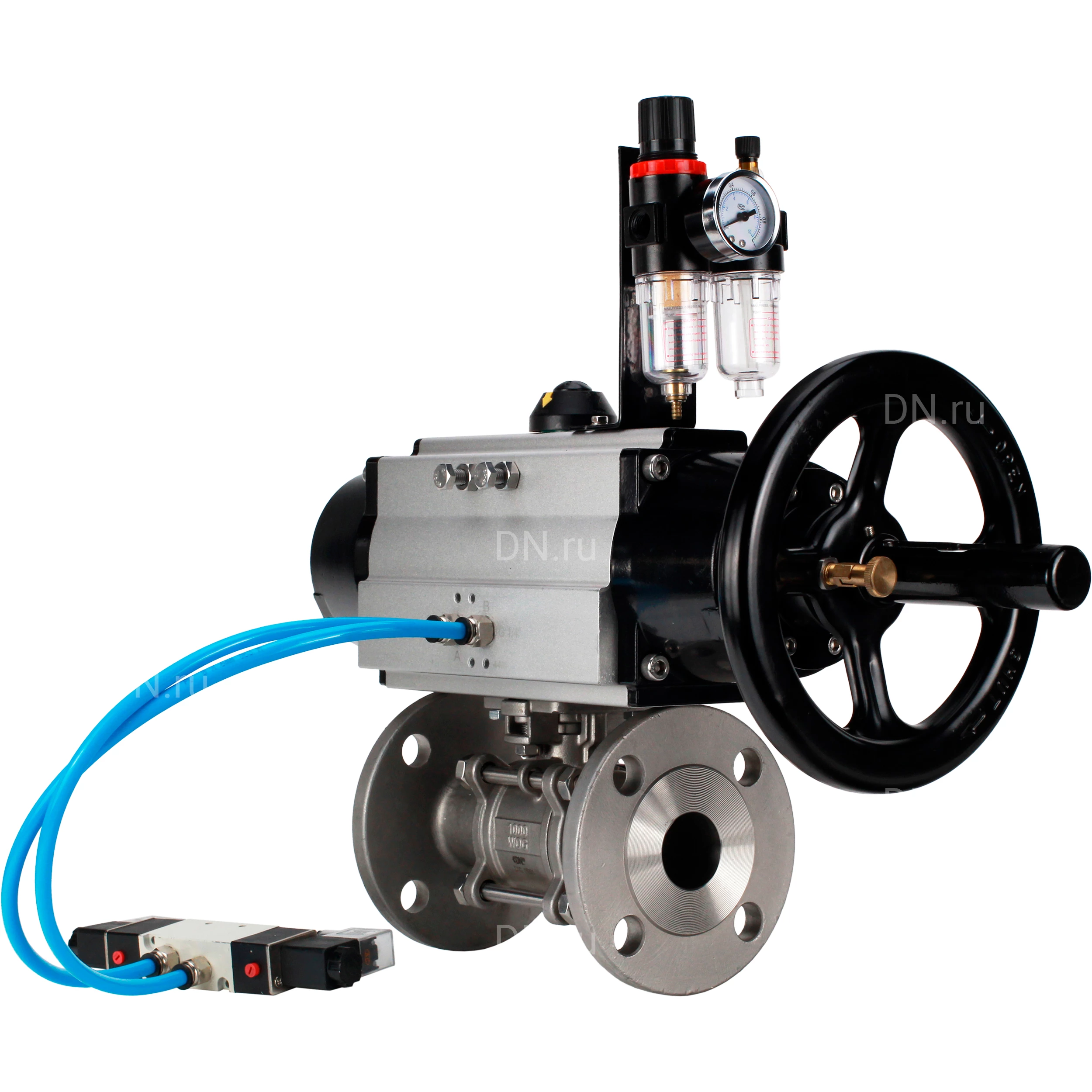Изображение товара Кран шаровой DN ru BV3232P(3pc) FP F ISO H Ру25/40 DN65 с пневмоприводом PA-DA-105-1 и пневмораспре