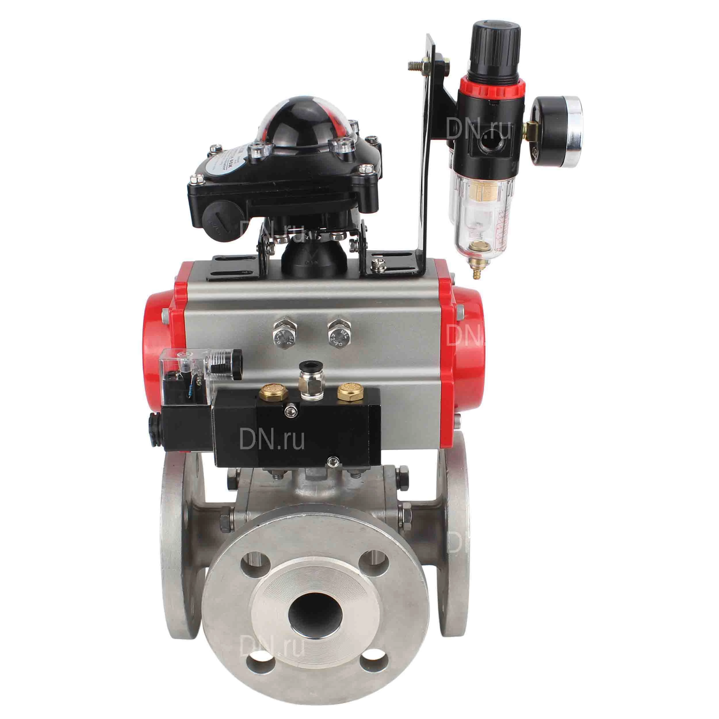 Изображение товара Кран шаровой DN.ru BV3232P(4pc)-FP-3WL-F Ду80 Ру16 полнопроходной трехходовой, фланцевый, корпус - нержавеющая сталь SS316, с пневмоприводом DN.ru PA-DA-105 двойного действия, пневмораспределителем 4М310-08 24В NAMUR, БКВ APL-210N и БПВ AFC2000