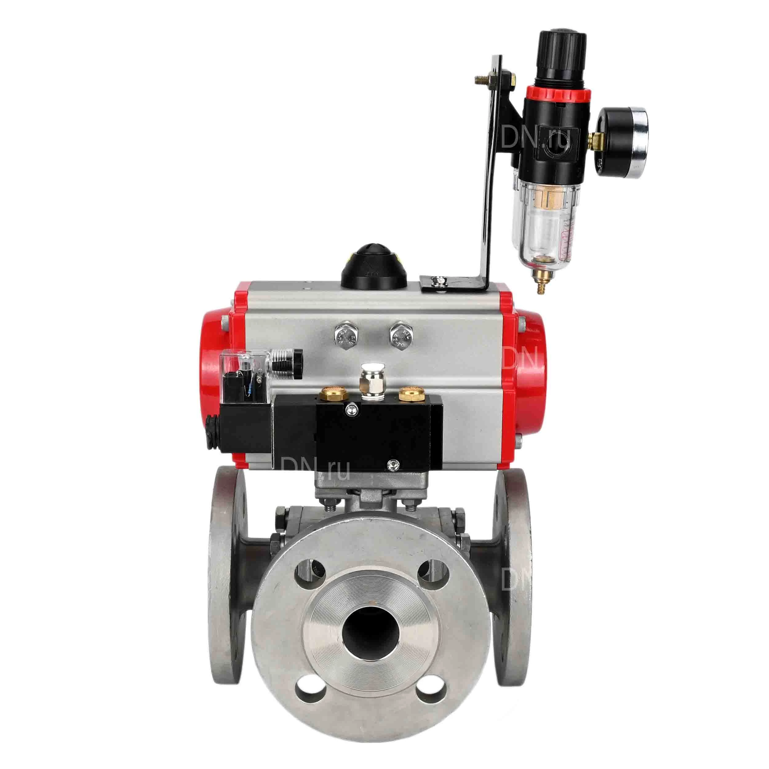 Изображение товара Кран шаровой DN.ru BV3232P(4pc)-FP-3WL-F Ду80 Ру16 полнопроходной трехходовой, фланцевый, корпус - нержавеющая сталь SS316, с пневмоприводом DN.ru PA-DA-105 двойного действия, пневмораспределителем 4М310-08 220В NAMUR и БПВ AFC2000