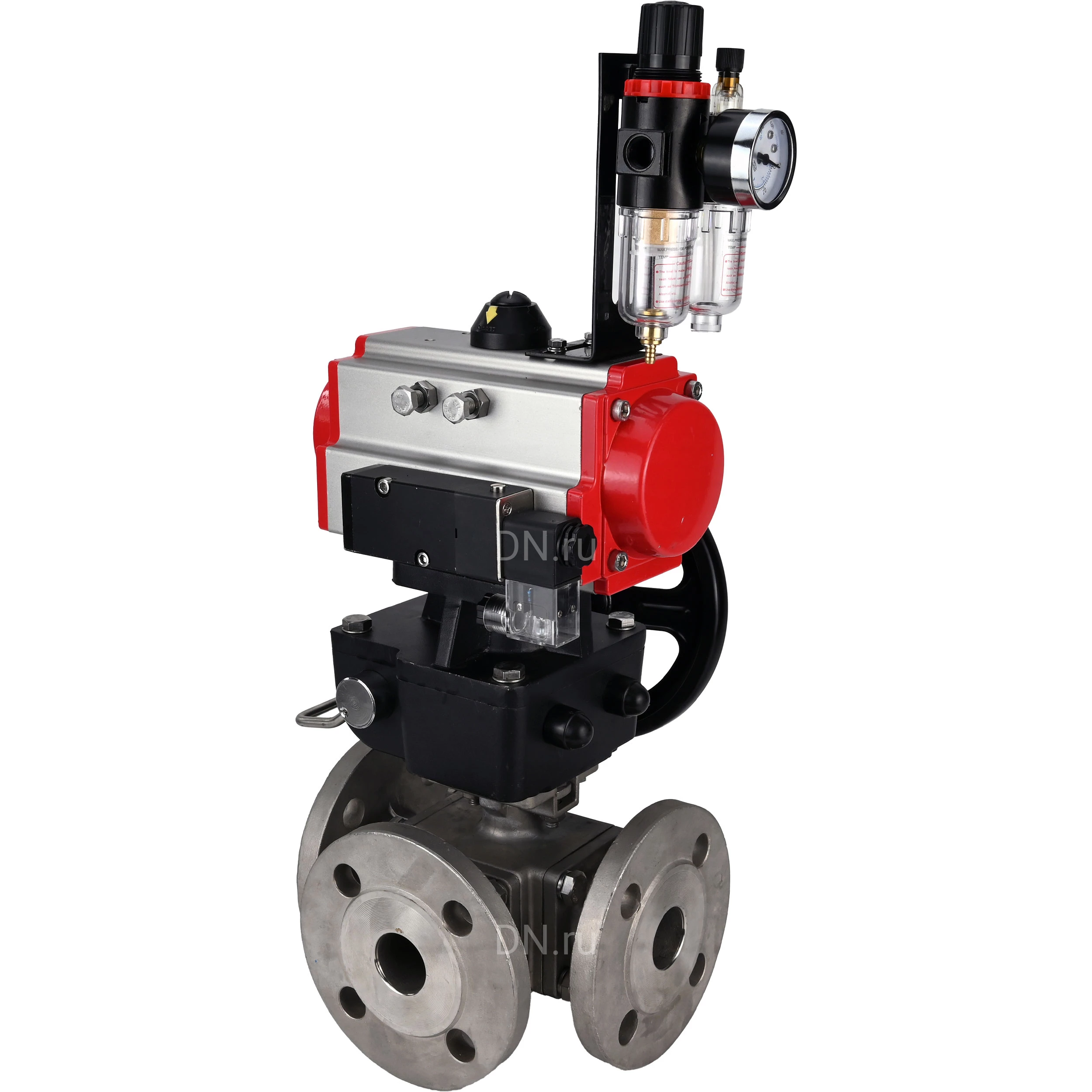 Изображение товара Кран шаровой DN.ru BV3232P(4pc)-FP-3WL-F Ду80 Ру16 полнопроходной трехходовой, фланцевый, корпус - нержавеющая сталь SS316, с пневмоприводом DN.ru PA-DA-105, пневмораспределителем 4М310-08 24В NAMUR, ручным дублером MON3-700-T38-ISO и БПВ AFC2000