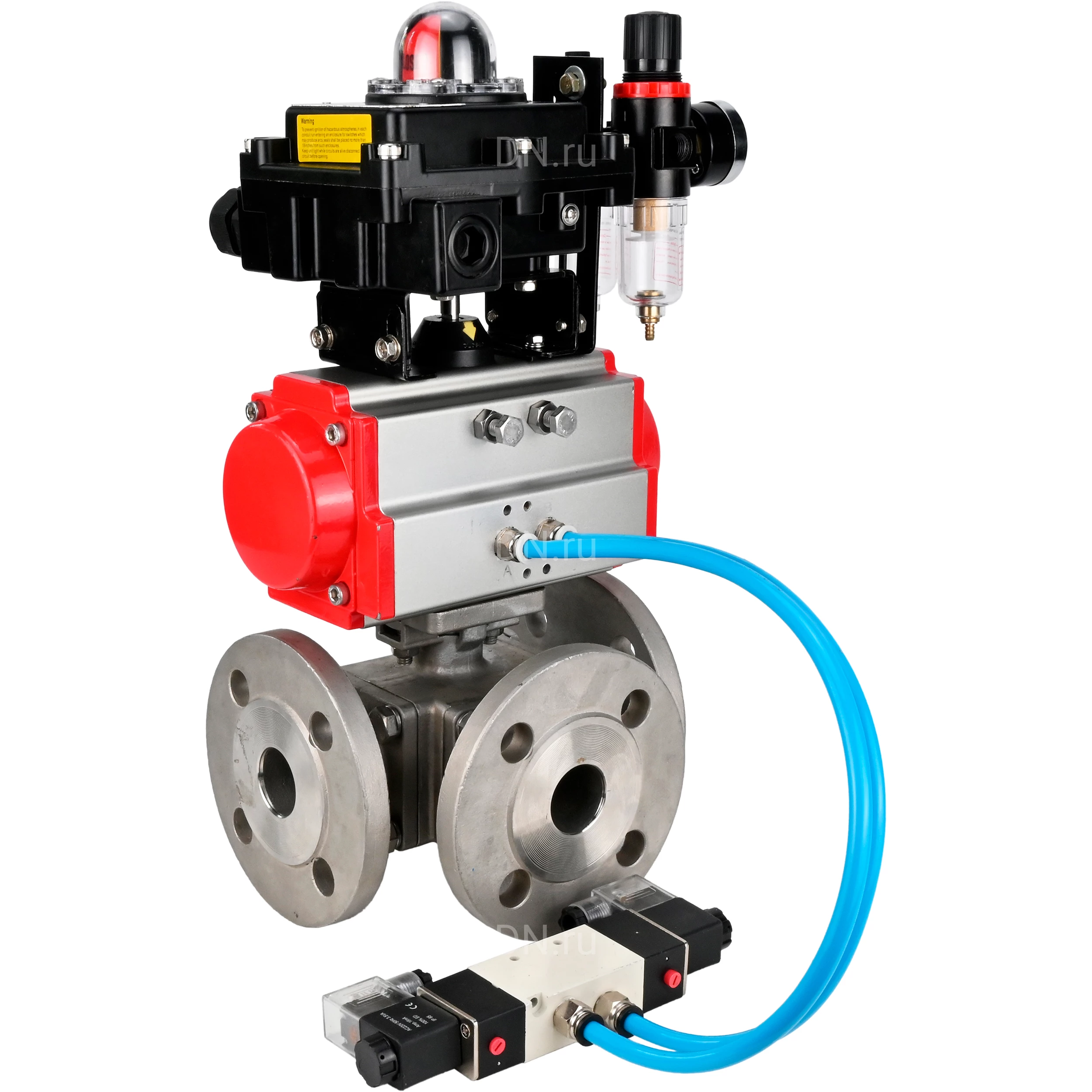 Изображение товара Кран шаровой DN.ru BV3232P(4pc)-FP-3WL-F Ду80 Ру16 полнопроходной трехходовой, фланцевый, корпус - нержавеющая сталь SS316, с пневмоприводом DN.ru PA-DA-105 двойного действия, пневмораспределителем 4V320-08 220В, БКВ APL-410N EX и БПВ AFC2000