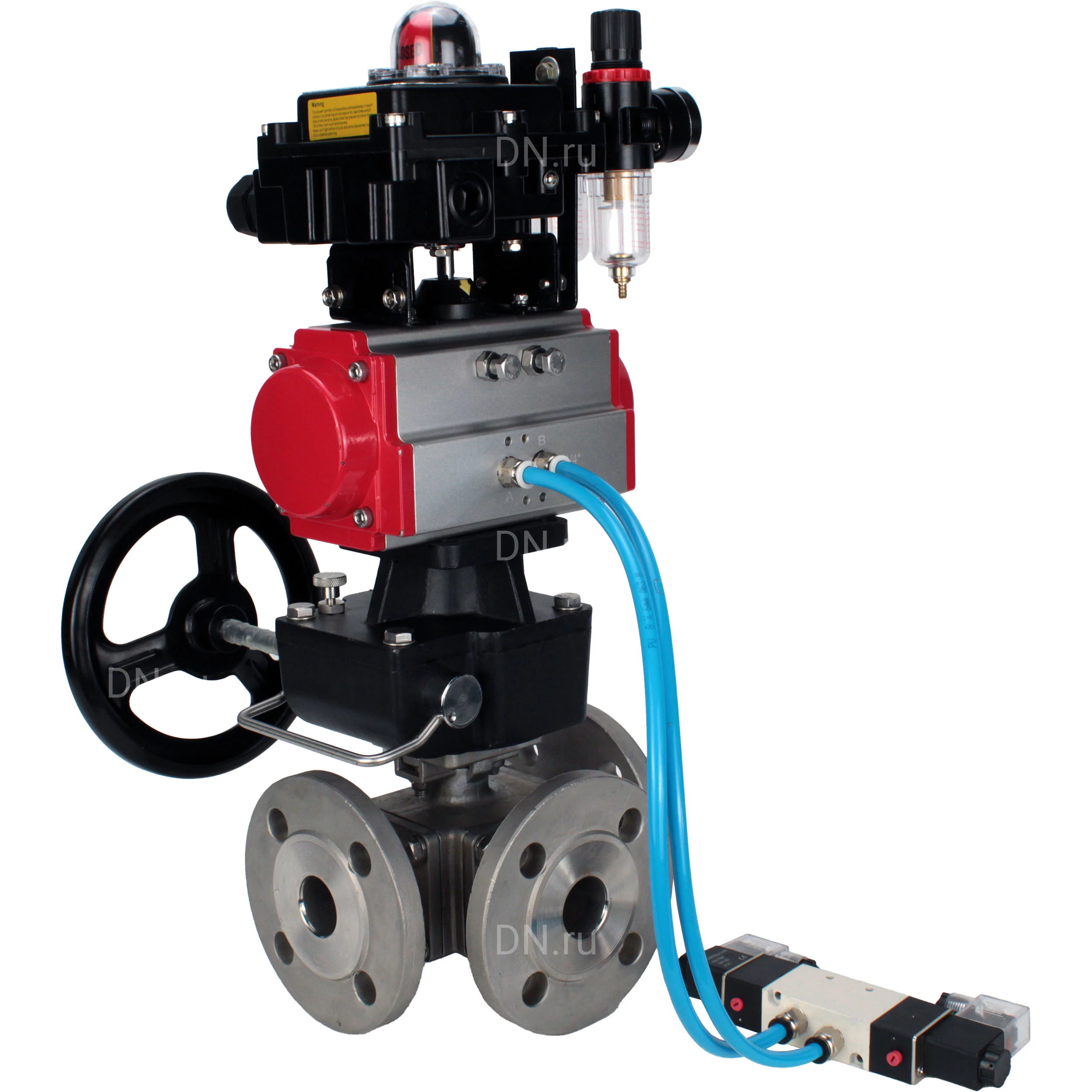 Изображение товара Кран шаровой DN.ru BV3232P(4pc)-FP-3WL-F Ду65 Ру16 полнопроходной трехходовой, фланцевый, корпус - нержав.сталь SS316, с пневмоприводом DN.ru PA-DA-083, пневмораспределителем 4V320-08 220В, БКВ APL-410N EX, ручным дублером MON2-450-T28-ISO и БПВ AFC2000