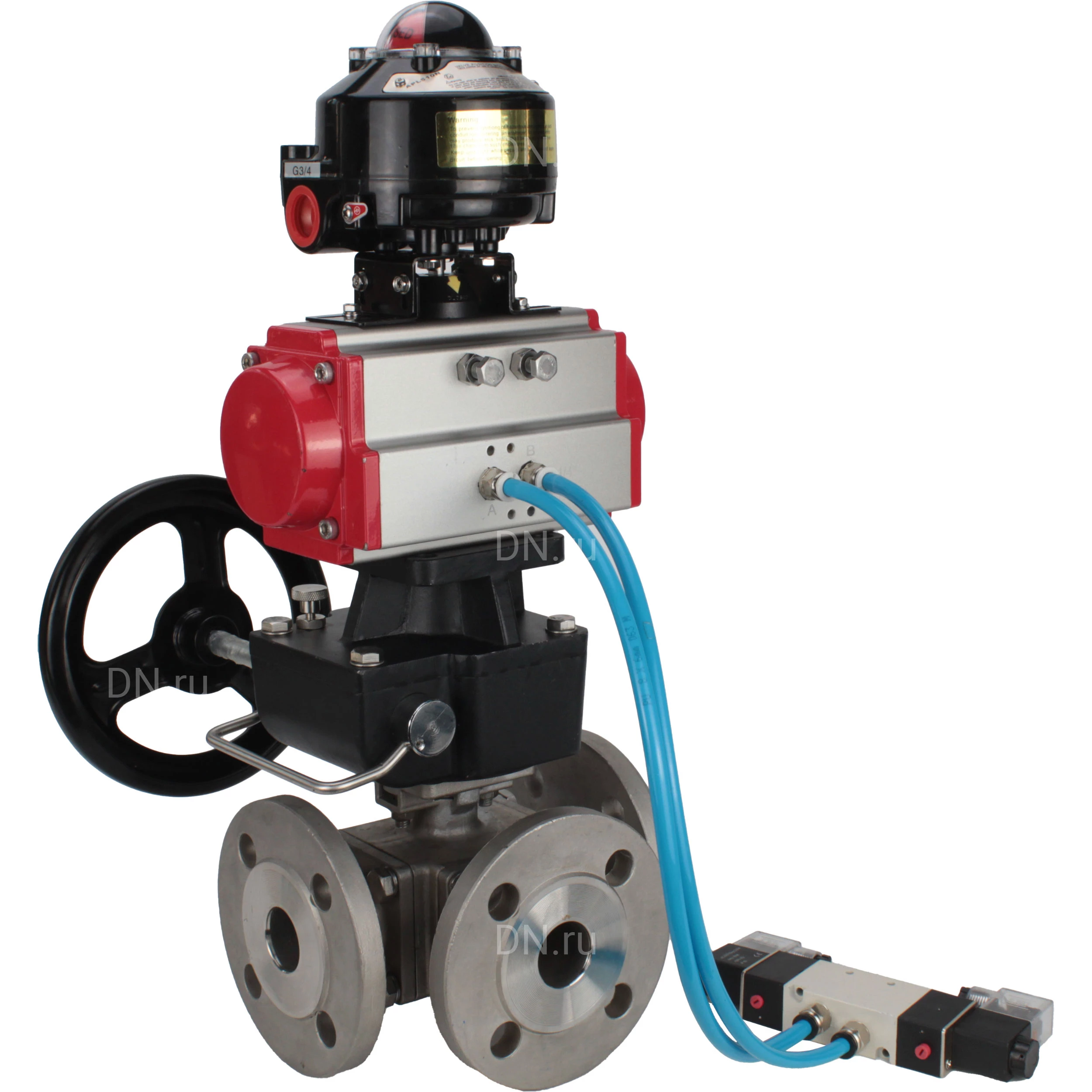 Изображение товара Кран шаровой DN.ru BV3232P(4pc)-FP-3WL-F Ду100 Ру16 полнопроходной трехходовой, фланцевый, корпус - нержавеющая сталь SS316, с пневмоприводом DN.ru PA-DA-105, пневмораспределителем 4V320-10 220В, БКВ APL-510N EX и ручным дублером MON3-700-T38-ISO