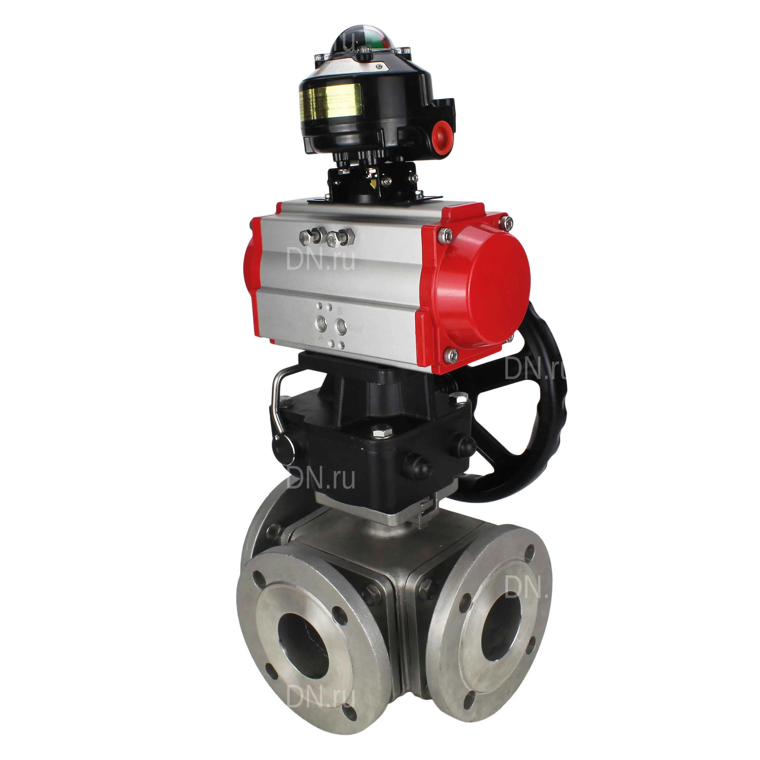Изображение товара Кран шаровой DN.ru BV3232P(4pc)-FP-3WL-F Ду80 Ру16 полнопроходной трехходовой, фланцевый, корпус - нержавеющая сталь SS316, с пневмоприводом DN.ru PA-DA-105 двойного действия, БКВ APL-510N EX и ручным дублером MON3-700-T38-ISO