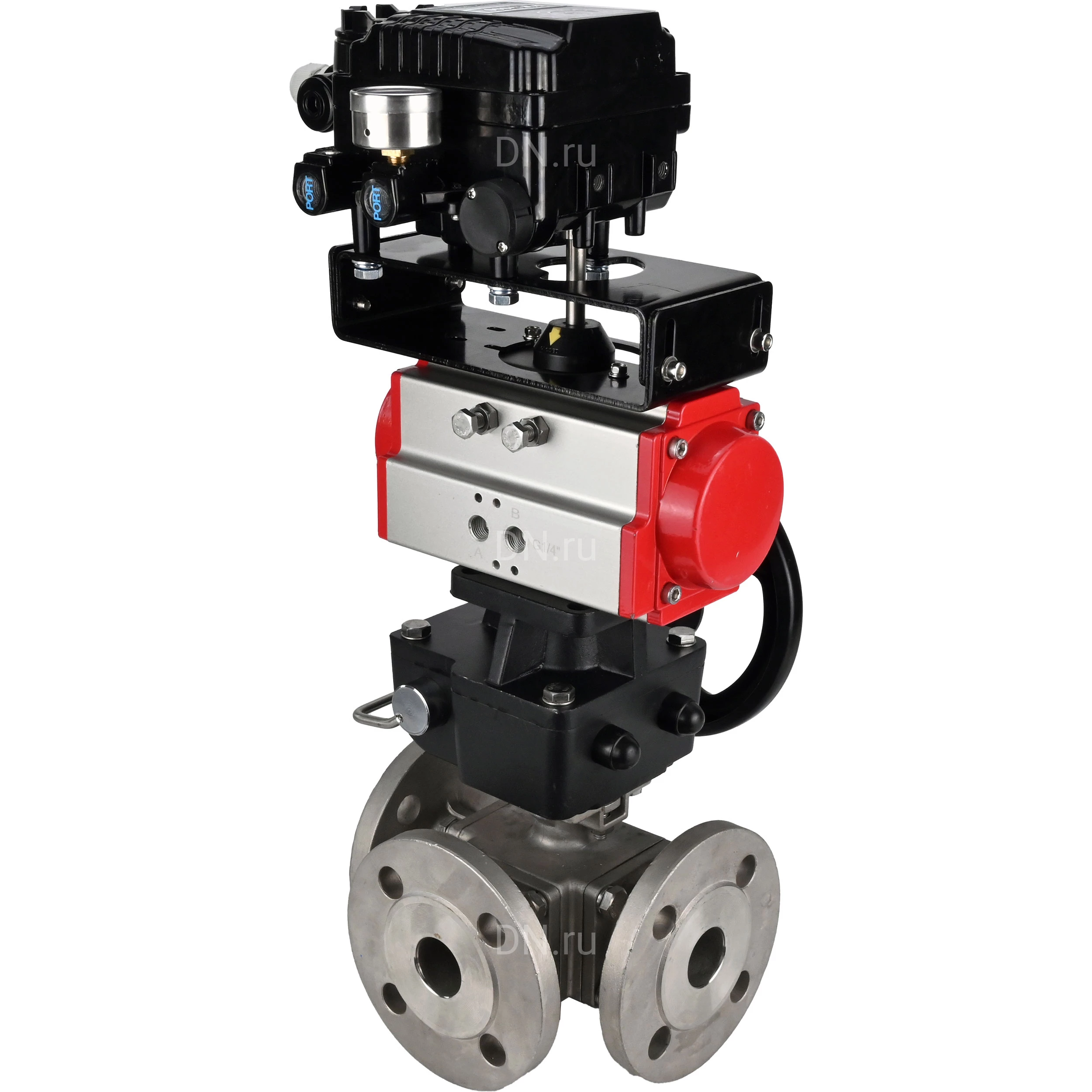 Изображение товара Кран шаровой DN.ru BV3232P(4pc)-FP-3WL-F Ду100 Ру16 полнопроходной трехходовой, фланцевый, корпус - нержав.сталь SS316, с пневмоприводом DN.ru PA-DA-105 двойного действия, пневмопозиционером YT-1000RSN без обратной связи и ручным дублером MON3-700-T38-ISO