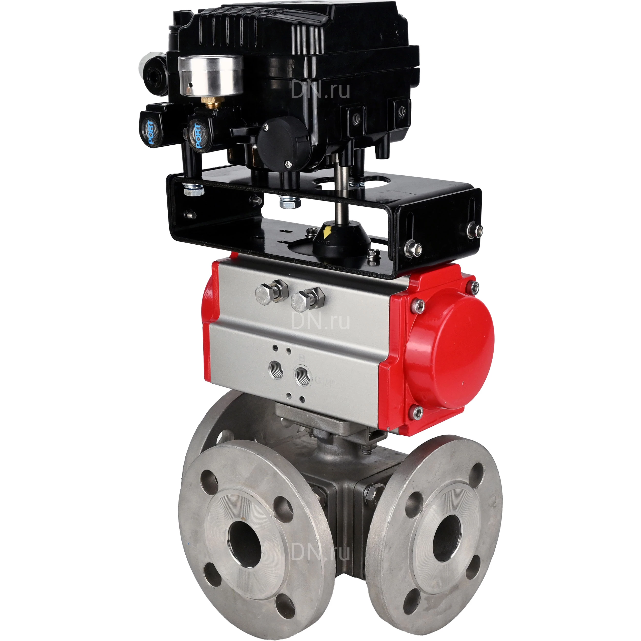 Изображение товара Кран шаровой DN.ru BV3232P(4pc)-FP-3WL-F Ду80 Ру16 полнопроходной трехходовой, фланцевый, корпус - нержавеющая сталь SS316, с пневмоприводом DN.ru PA-DA-105 двойного действия и пневмопозиционером YT-1000RSN без обратной связи
