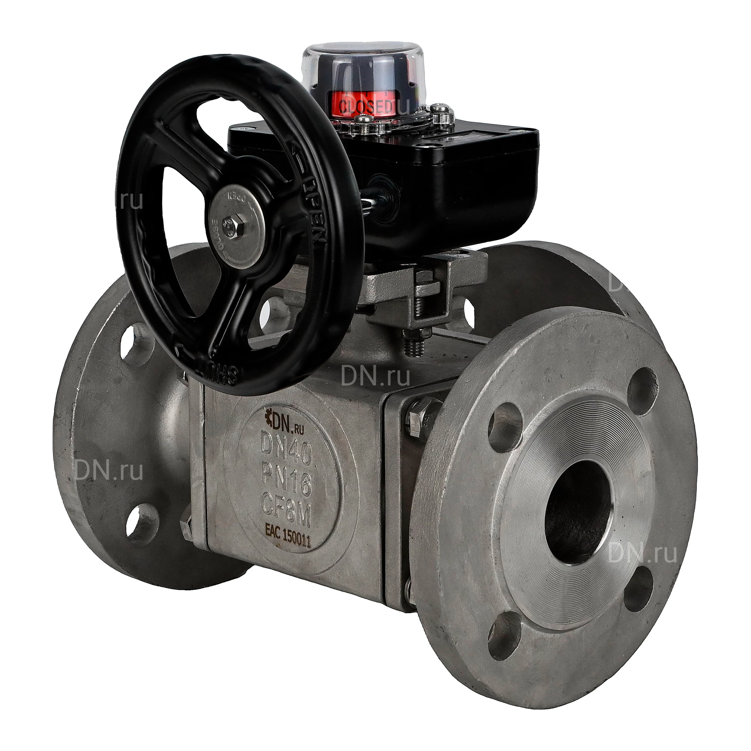 Краны шаровые DN.ru BV3232P(4pc)-FP-3WL-F-ISO-H Ду50-100 Ру16 полнопроходные трехходовые, нержавеющая сталь SS316, фланцевые, уплотнение - PTFE, с редуктором DN.ru HGB RQNx-xZ