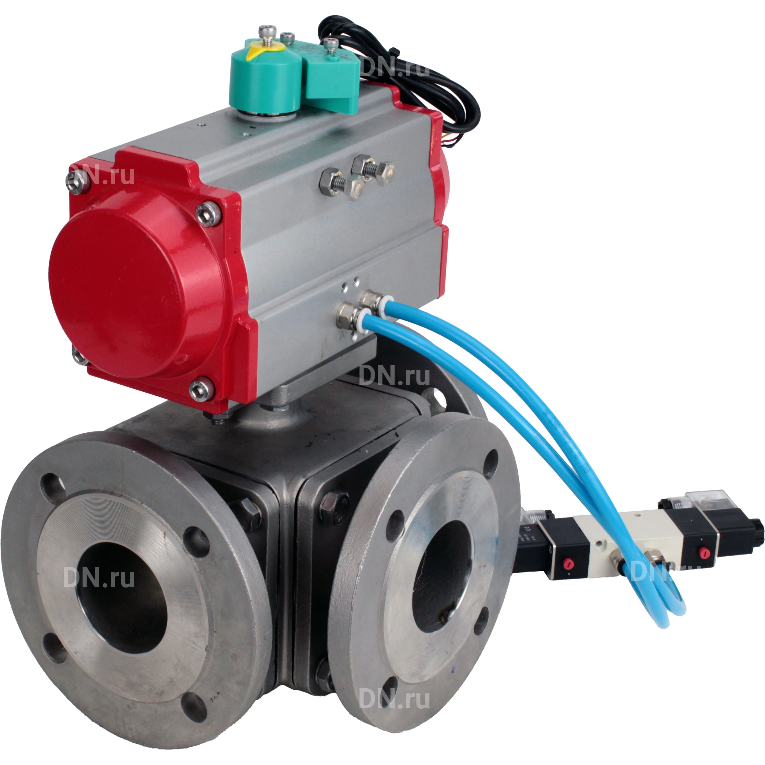 Изображение товара Кран шаровой DN.ru BV3232P(4pc)-FP-3WL-F-ISO-H Ду100 Ру16 полнопроходной трехходовой L-тип, фланцевый, корпус - нержавеющая сталь SS316, уплотнение - PTFE, с пневмоприводом PA-DA-105, пневмораспределителем 4V320-10 220В и магнитным переключателем ALS200D