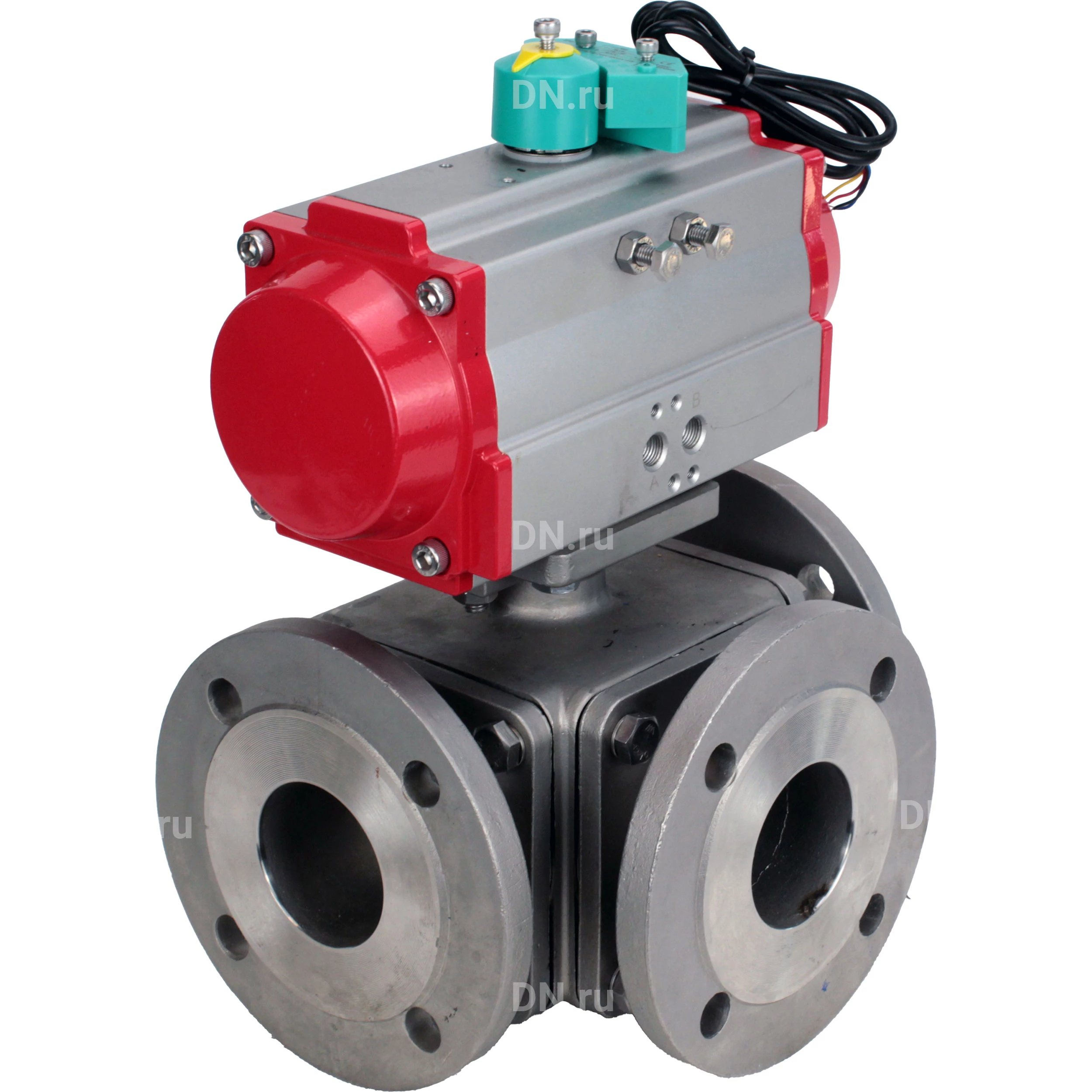 Изображение товара Кран шаровой DN.ru BV3232P(4pc)-FP-3WL-F-ISO-H Ду80 Ру16 полнопроходной трехходовой L-тип, фланцевый, корпус - нержавеющая сталь SS316, уплотнение - PTFE, с пневмоприводом PA-DA-105 и магнитным переключателем ALS200D