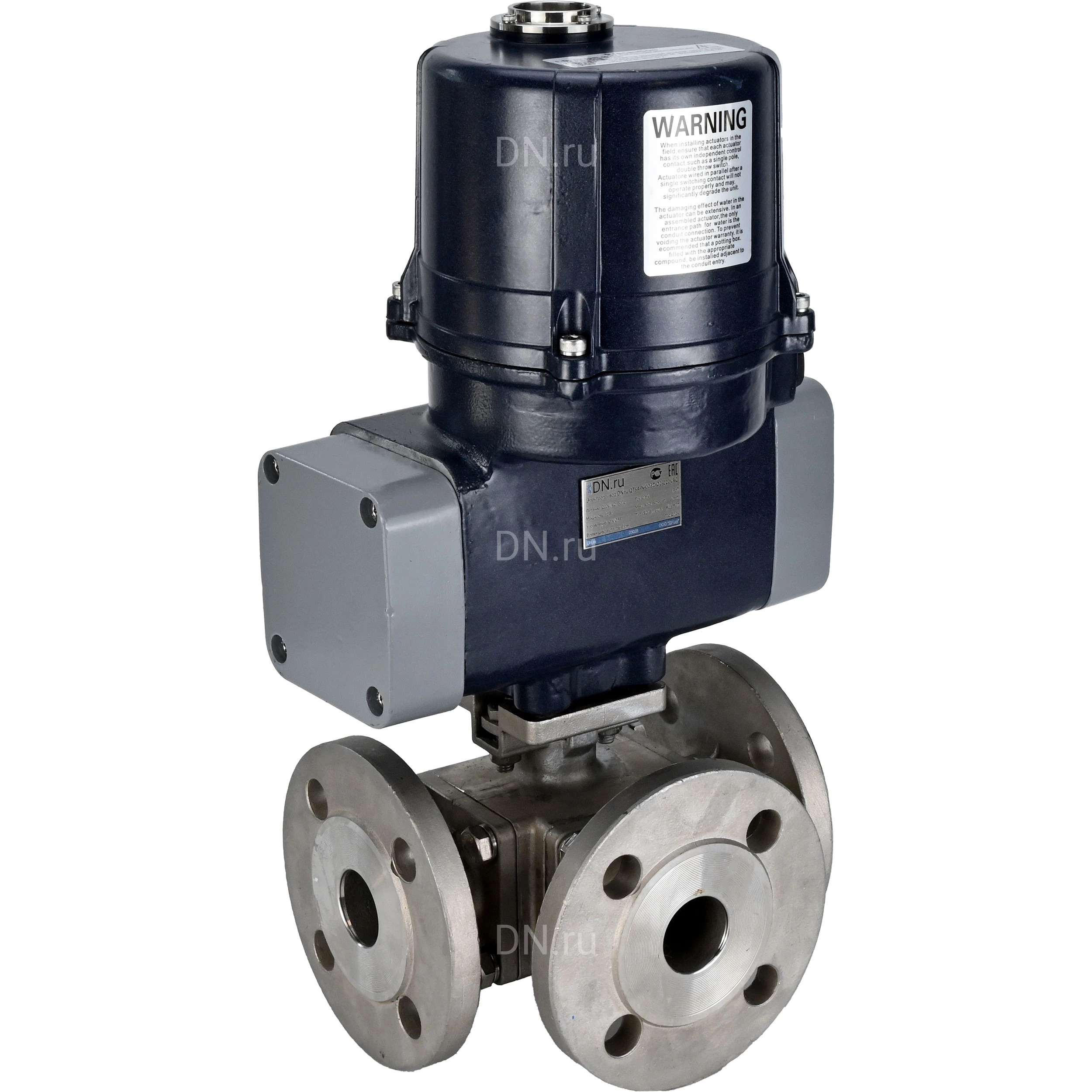 Изображение товара Кран шаровой DN.ru BV3232P(4pc)-FP-3WL-F-ISO-H Ду80 Ру16 полнопроходной трехходовой, фланцевый, корпус - нержавеющая сталь SS316, уплотнение - PTFE, с электроприводом четвертьоборотным DN.ru QTSA-N-014EM-O0-220VAC с пружинным возвратом