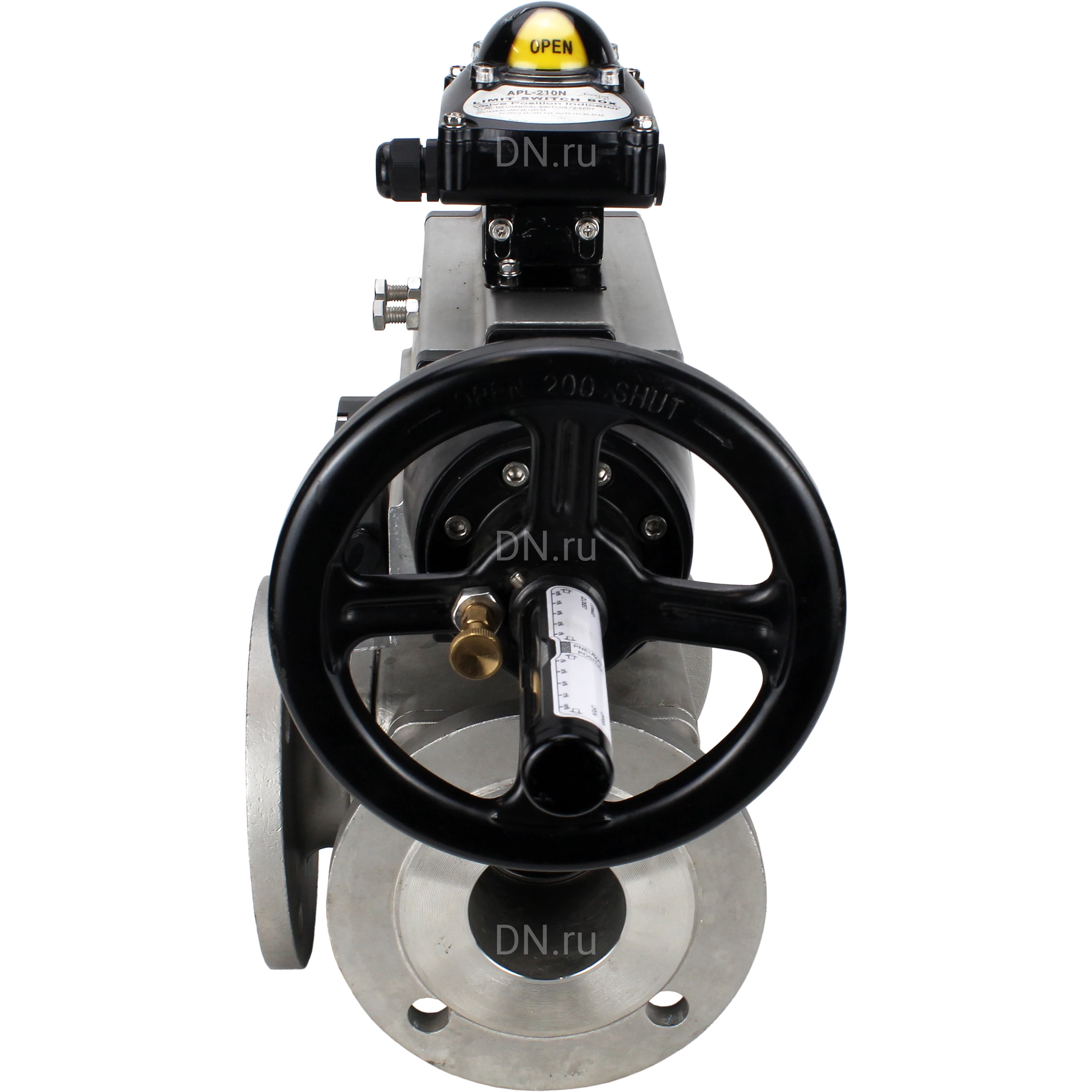 Изображение товара Кран шаровой DN.ru BV3232P(4pc)-FP-3WL-F Ду100 Ру16 полнопроходной трехходовой, фланцевый, корпус - нержавеющая сталь SS316, с пневмоприводом DN.ru PA-DA-105-1 двойного действия, пневмораспределителем 4М310-08 220В NAMUR и БКВ APL-210N