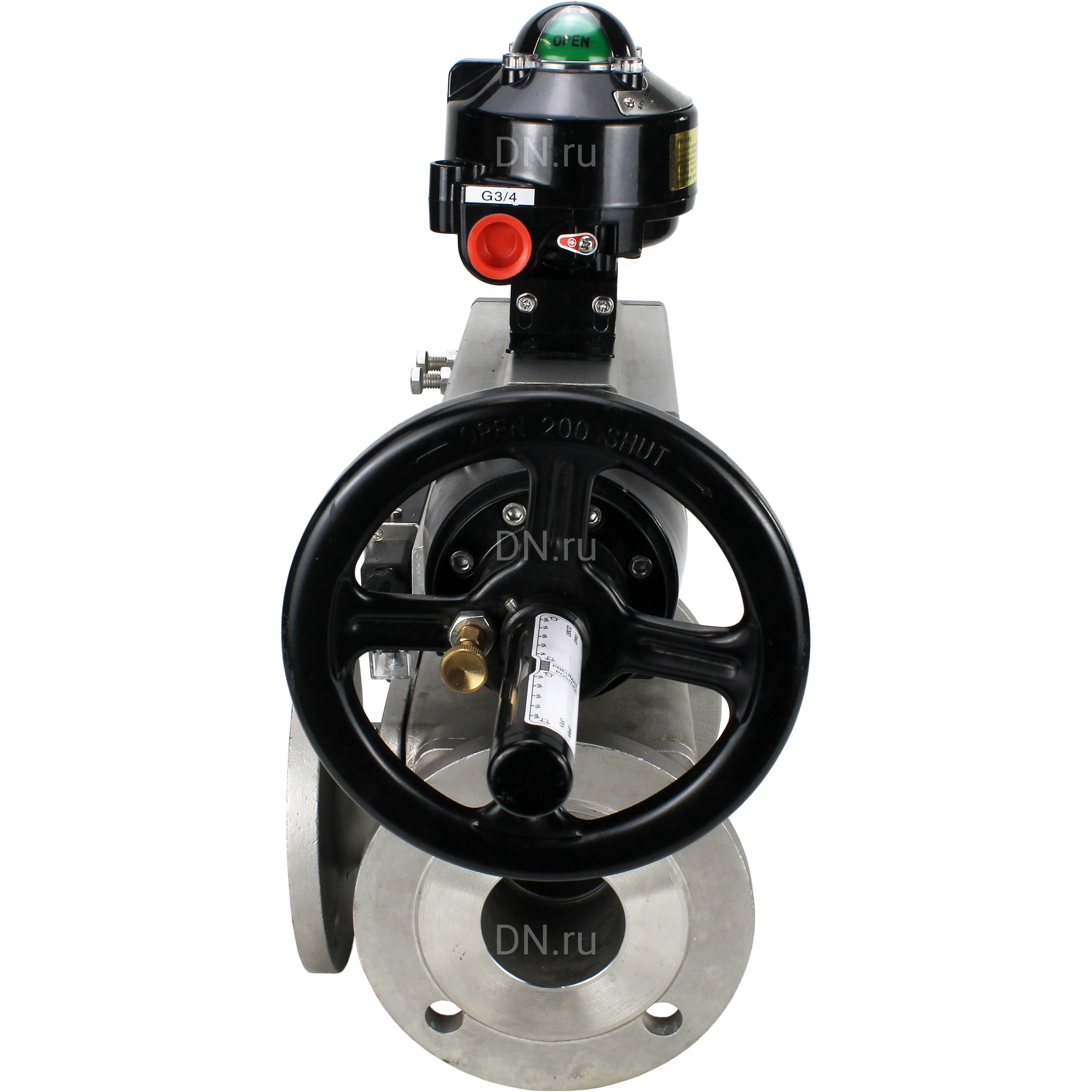 Изображение товара Кран шаровой DN.ru BV3232P(4pc)-FP-3WL-F Ду100 Ру16 полнопроходной трехходовой, фланцевый, корпус - нержавеющая сталь SS316, с пневмоприводом DN.ru PA-DA-105-1 двойного действия, пневмораспределителем 4М310-08 24В NAMUR и БКВ APL-510N EX