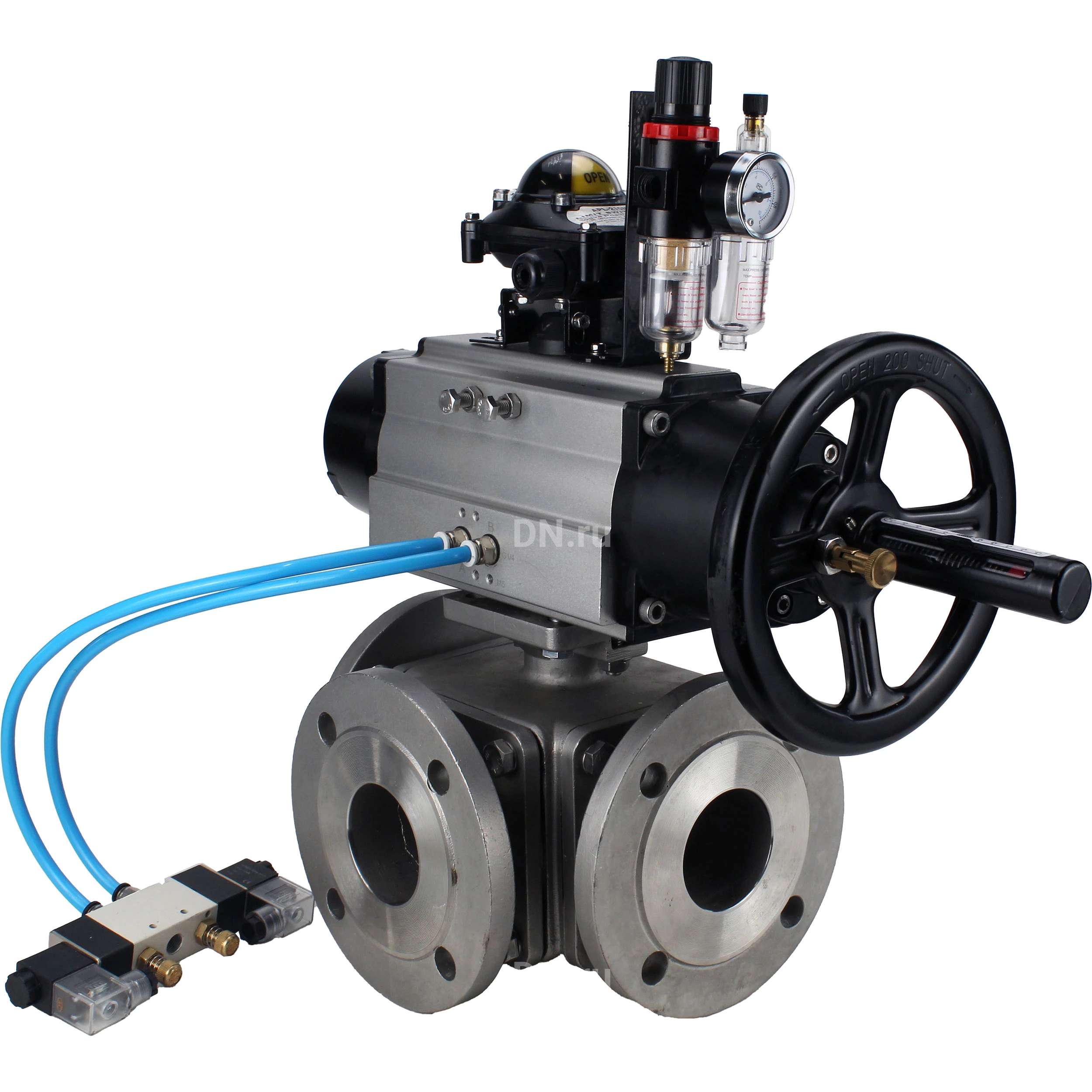 Изображение товара Кран шаровой DN.ru BV3232P(4pc)-FP-3WL-F Ду100 Ру16 полнопроходной трехходовой, фланцевый, корпус - нержавеющая сталь SS316, с пневмоприводом DN.ru PA-DA-105-1, пневмораспределителем 4V320-08 220В, БКВ APL-210N и БПВ AFC2000