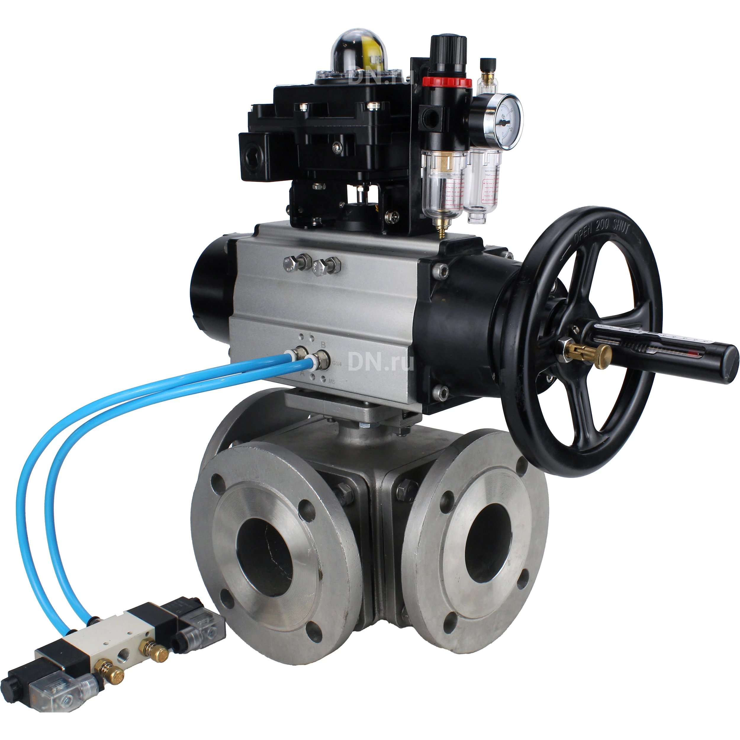 Изображение товара Кран шаровой DN.ru BV3232P(4pc)-FP-3WL-F Ду100 Ру16 полнопроходной трехходовой, фланцевый, корпус - нержавеющая сталь SS316, с пневмоприводом DN.ru PA-DA-105-1, пневмораспределителем 4V320-08 220В, БКВ APL-410N EX и БПВ AFC2000