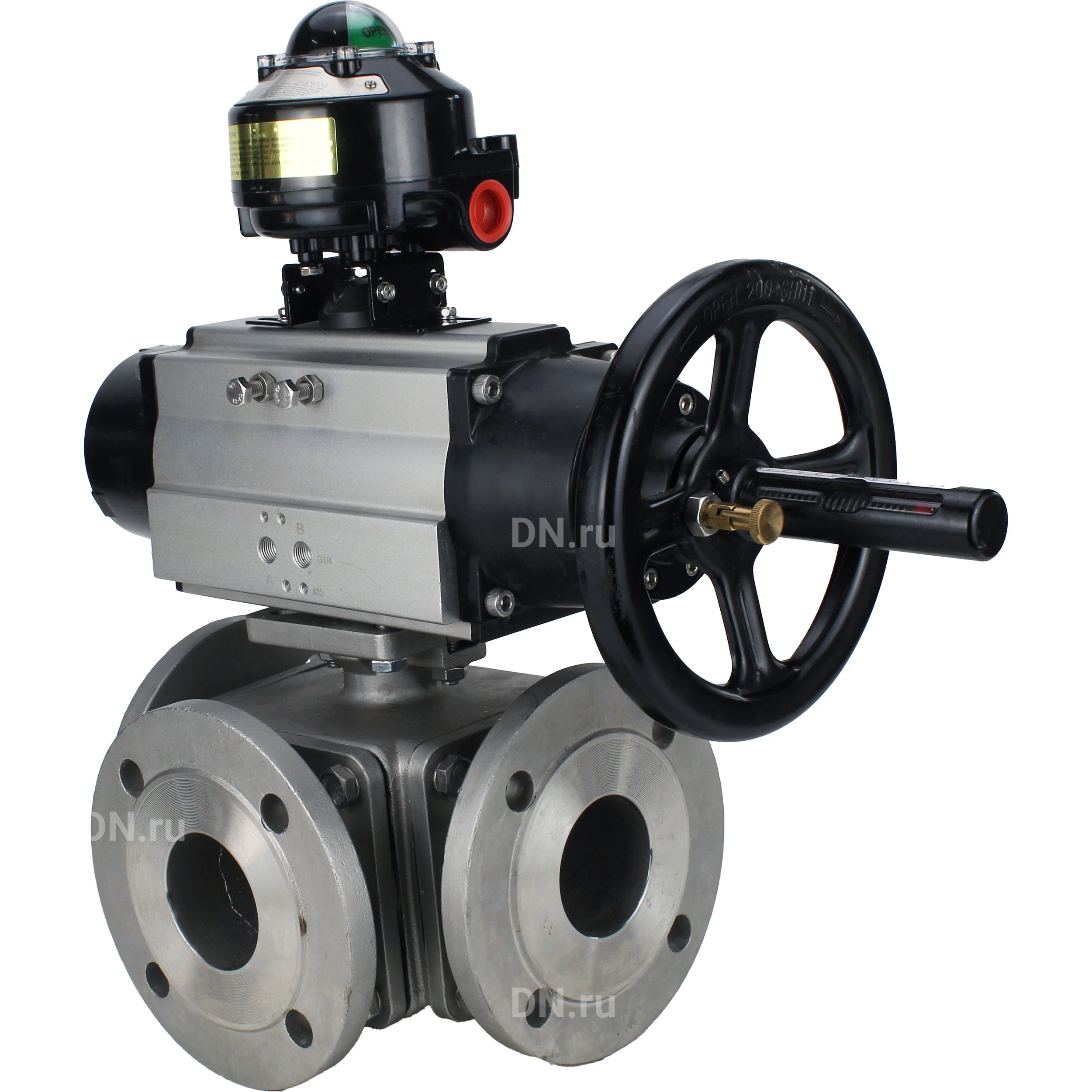 Изображение товара Кран шаровой DN.ru BV3232P(4pc)-FP-3WL-F Ду100 Ру16 полнопроходной трехходовой, фланцевый, корпус - нержавеющая сталь SS316, с пневмоприводом DN.ru PA-DA-105-1 двойного действия и БКВ APL-510N EX