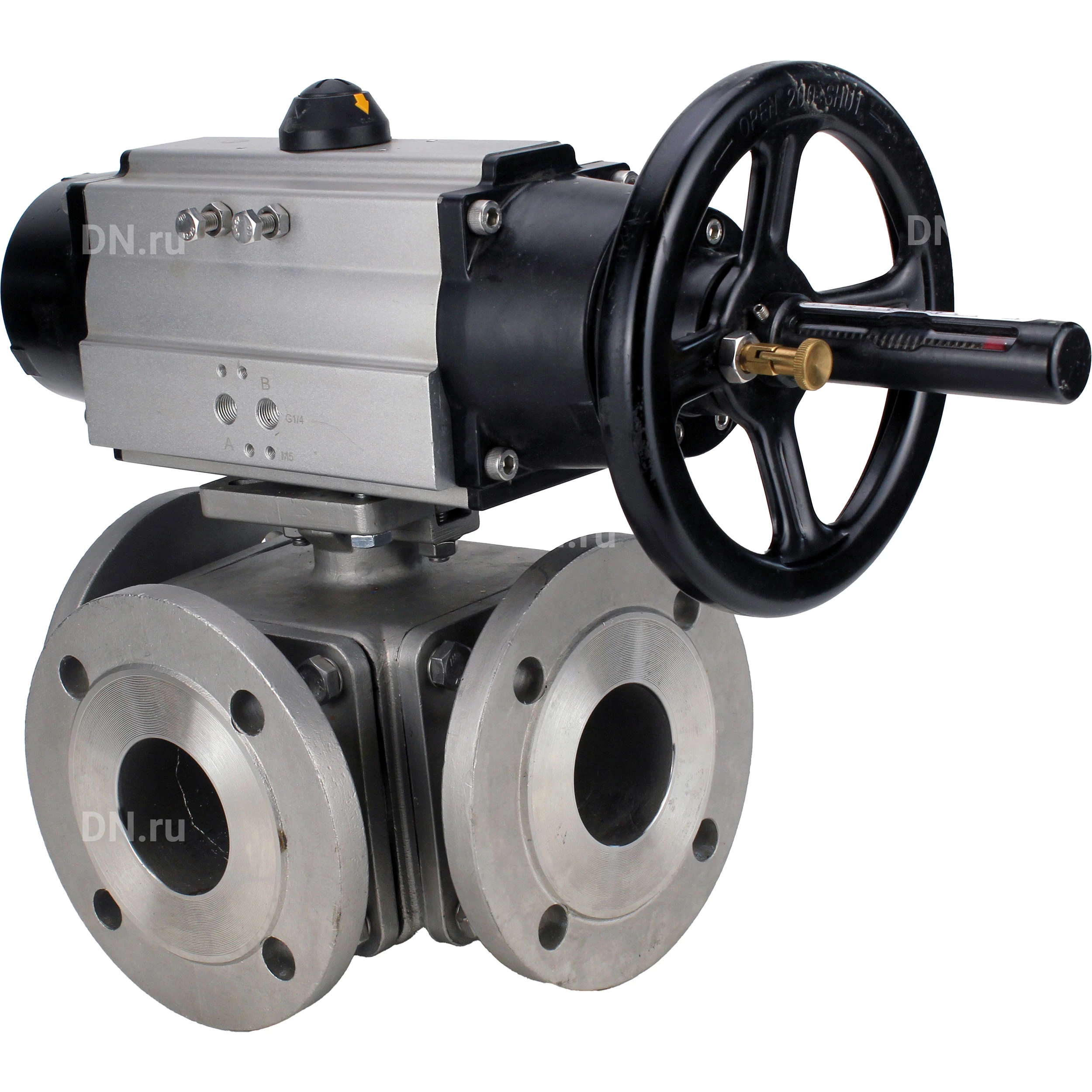 Изображение товара Кран шаровой DN.ru BV3232P(4pc)-FP-3WL-F Ду100 Ру16 полнопроходной трехходовой, фланцевый, корпус - нержавеющая сталь SS316, с пневмоприводом DN.ru PA-DA-105-1 двойного действия