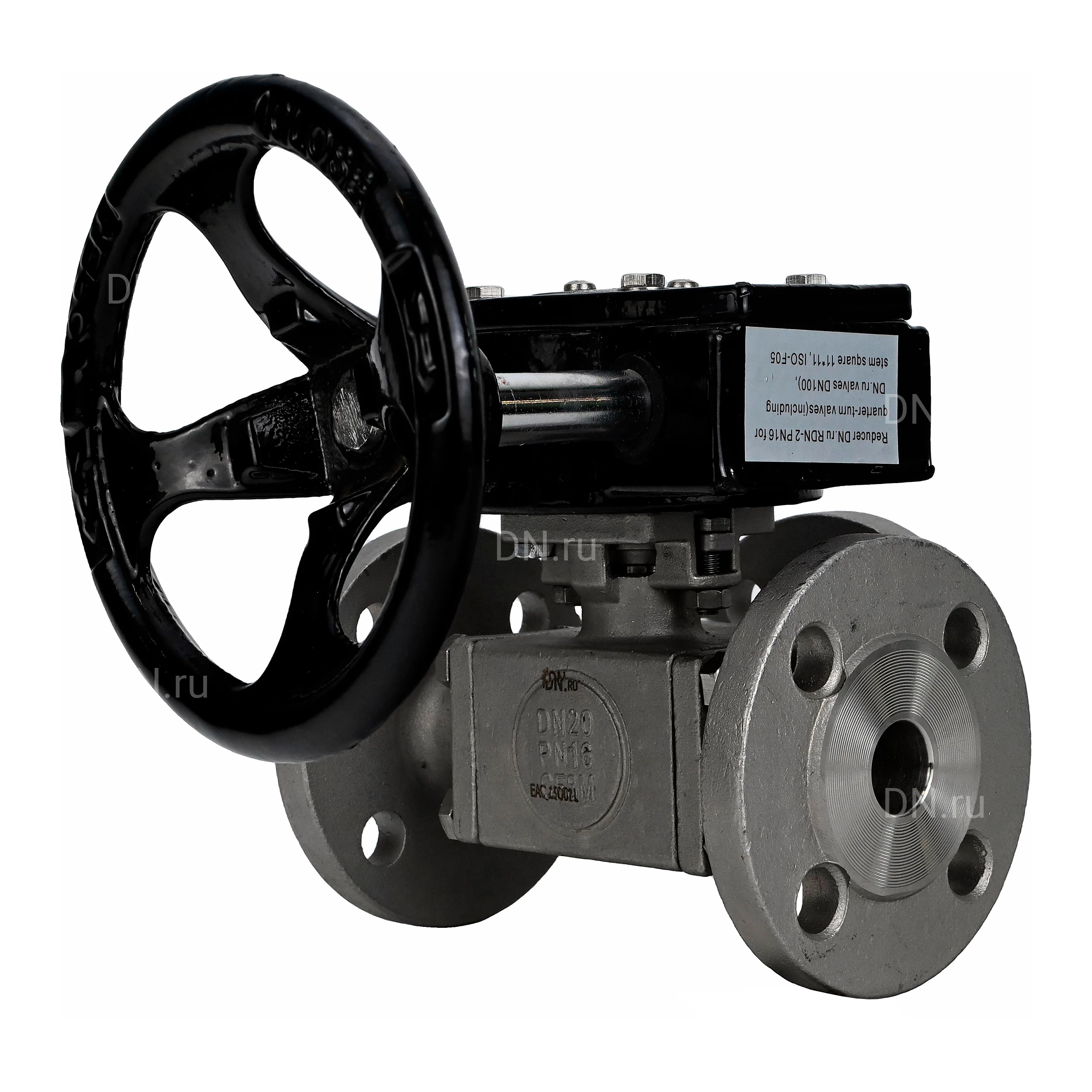 Краны шаровые DN.ru BV3232P(4pc)-FP-3WL-F-ISO-H Ду50-100 Ру16 полнопроходные трехходовые, нержавеющая сталь SS316, фланцевые, уплотнение - PTFE, с редуктором DN.ru RDN RQNx-xZ-x