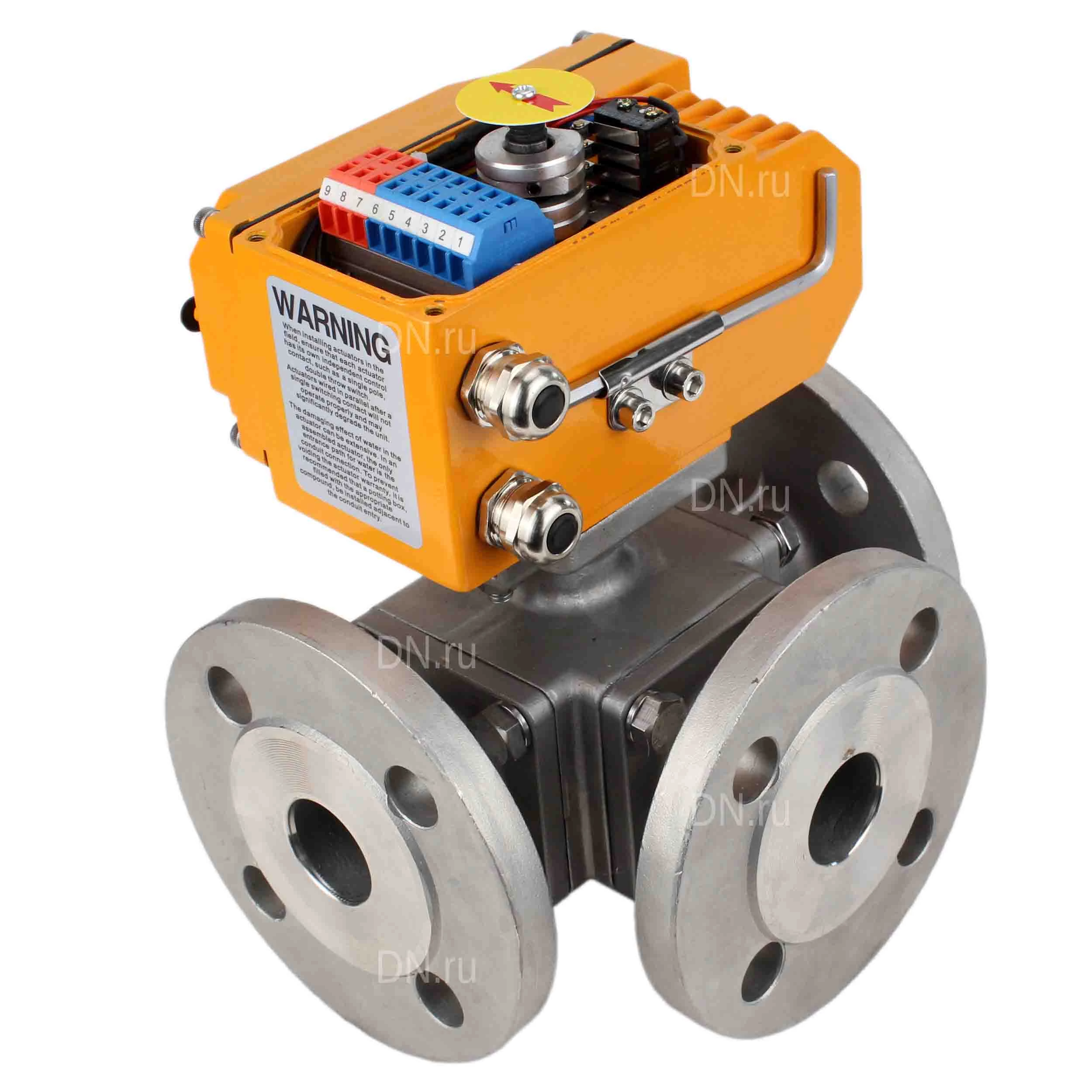 Изображение товара Кран шаровой DN.ru BV3232P(4pc)-FP-3WT-F-ISO-H Ду100 Ру16 полнопроходной трехходовой, нержавеющая сталь SS316, фланцевый, уплотнение - PTFE, с электроприводом 3/4-оборотным DN.ru E34-N-020EM-O1-220VAC-У1 220В