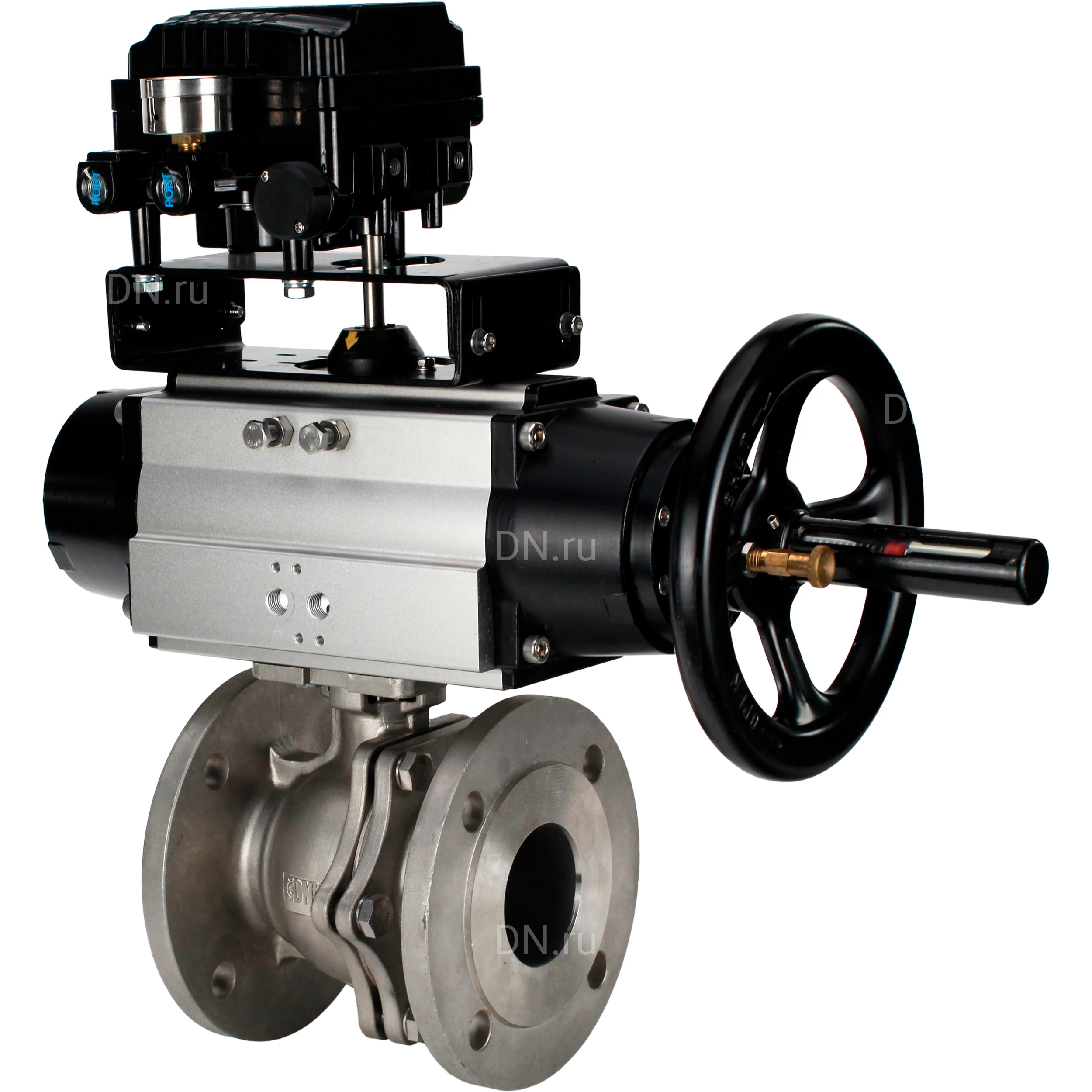 Изображение товара Кран шаровой DN.ru BV3232P(2pc)-FP-F-ISO-H: нержавеющая сталь, пневмопривод, DN100